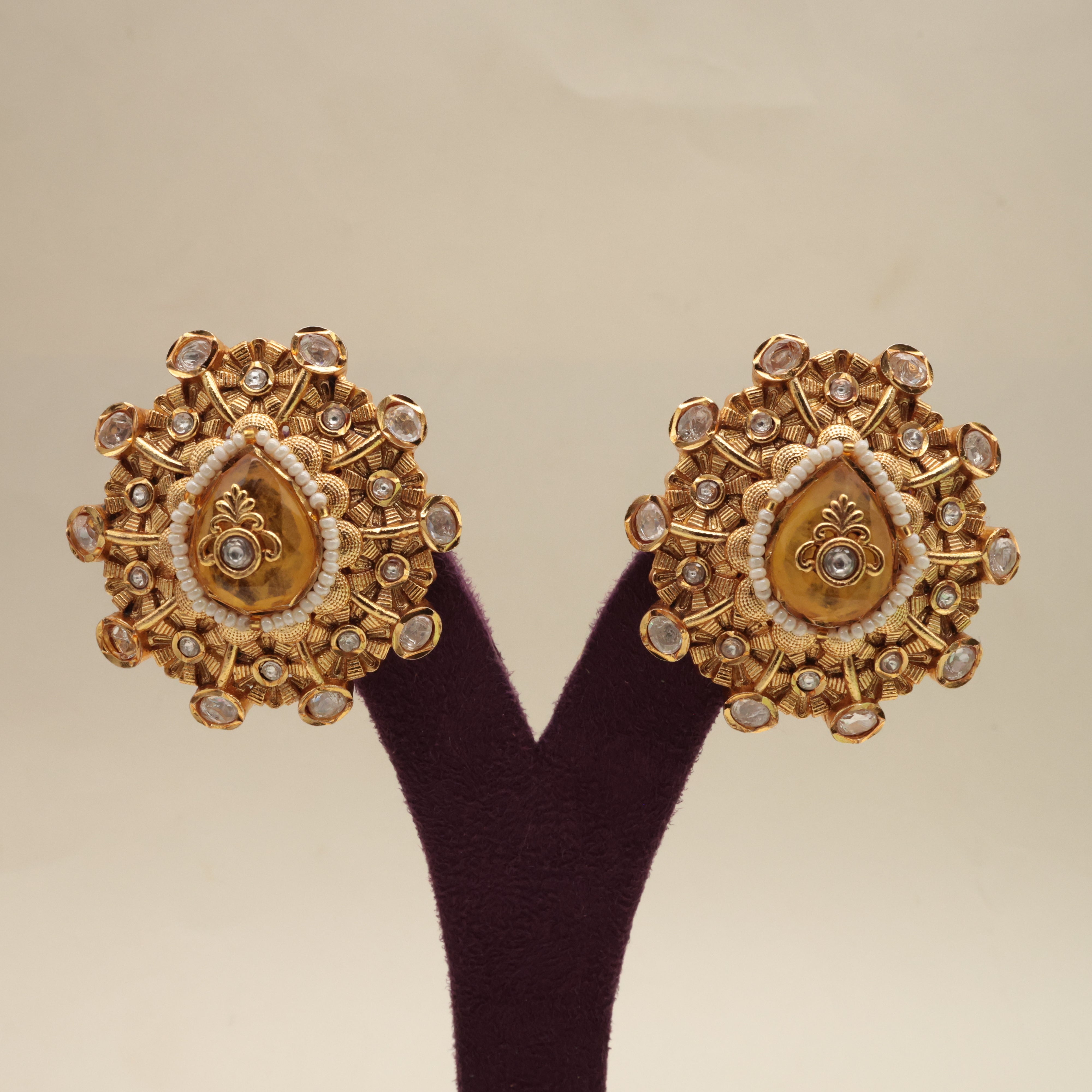 PREMIUM MOISSANITE JADAU KUNDAN DESIGNER EARRINGS WITH MATCHING ADJUSTABLE FINGER RING - YELLOW