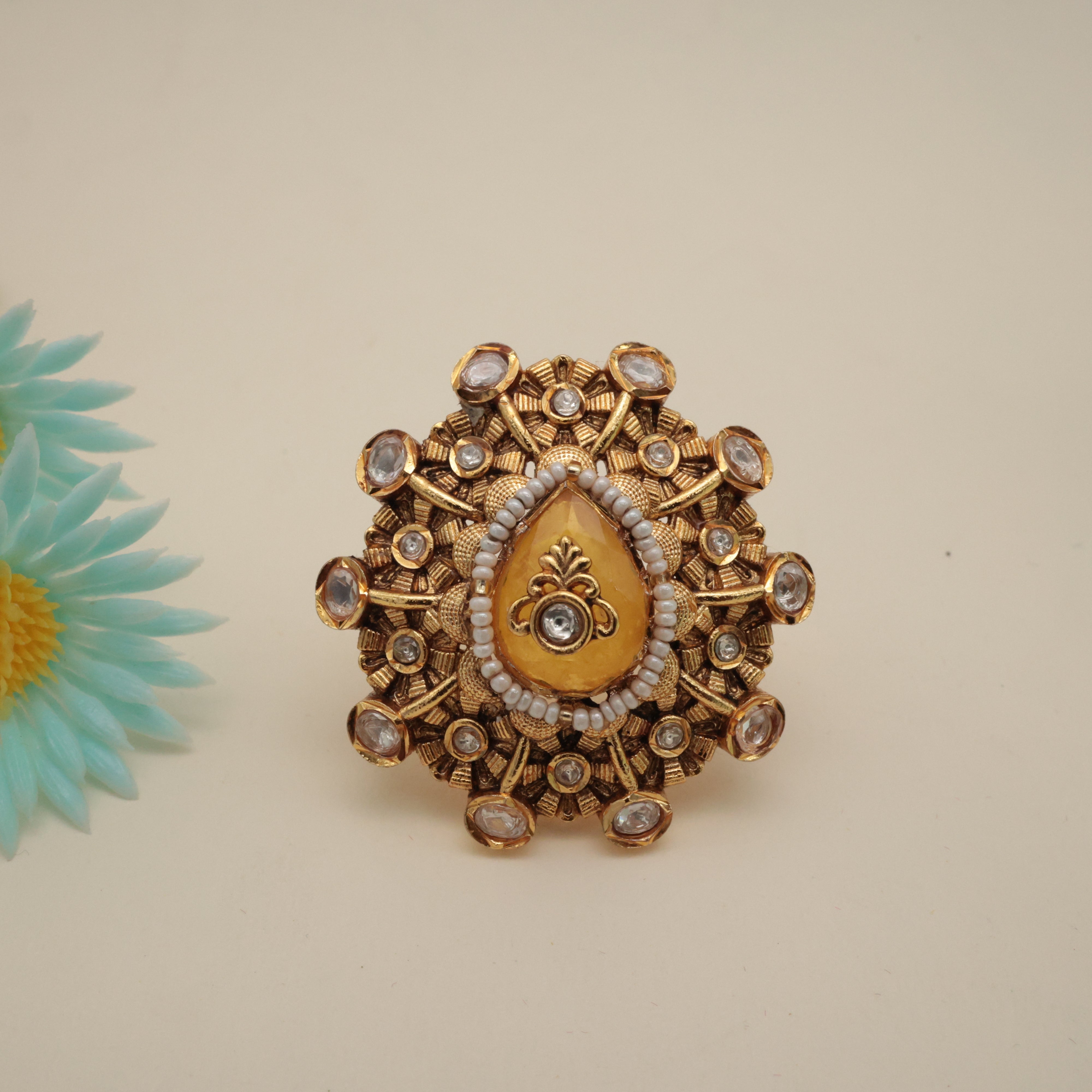 PREMIUM MOISSANITE JADAU KUNDAN DESIGNER EARRINGS WITH MATCHING ADJUSTABLE FINGER RING - YELLOW