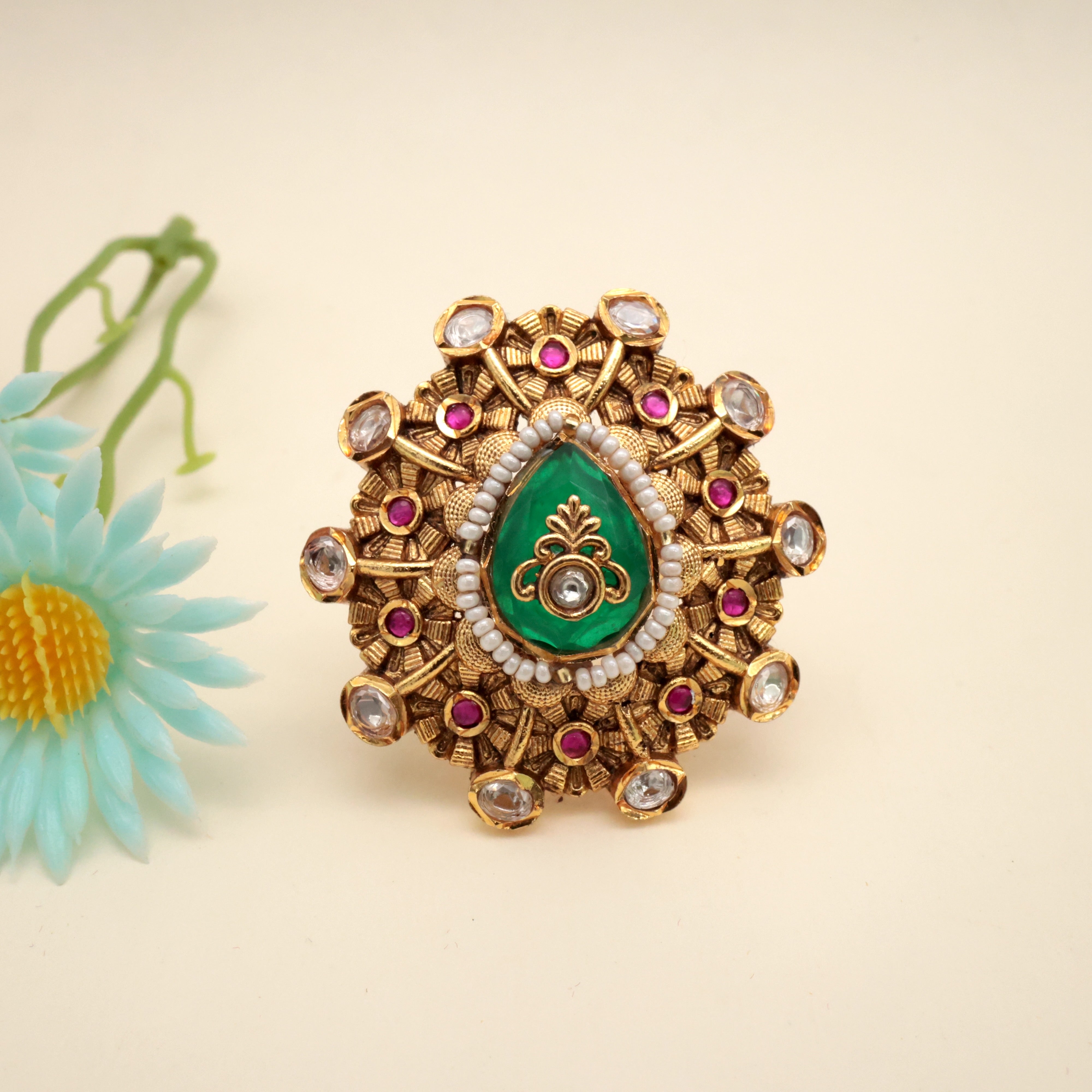 PREMIUM MOISSANITE JADAU KUNDAN DESIGNER EARRINGS WITH MATCHING ADJUSTABLE FINGER RING - EMERALD