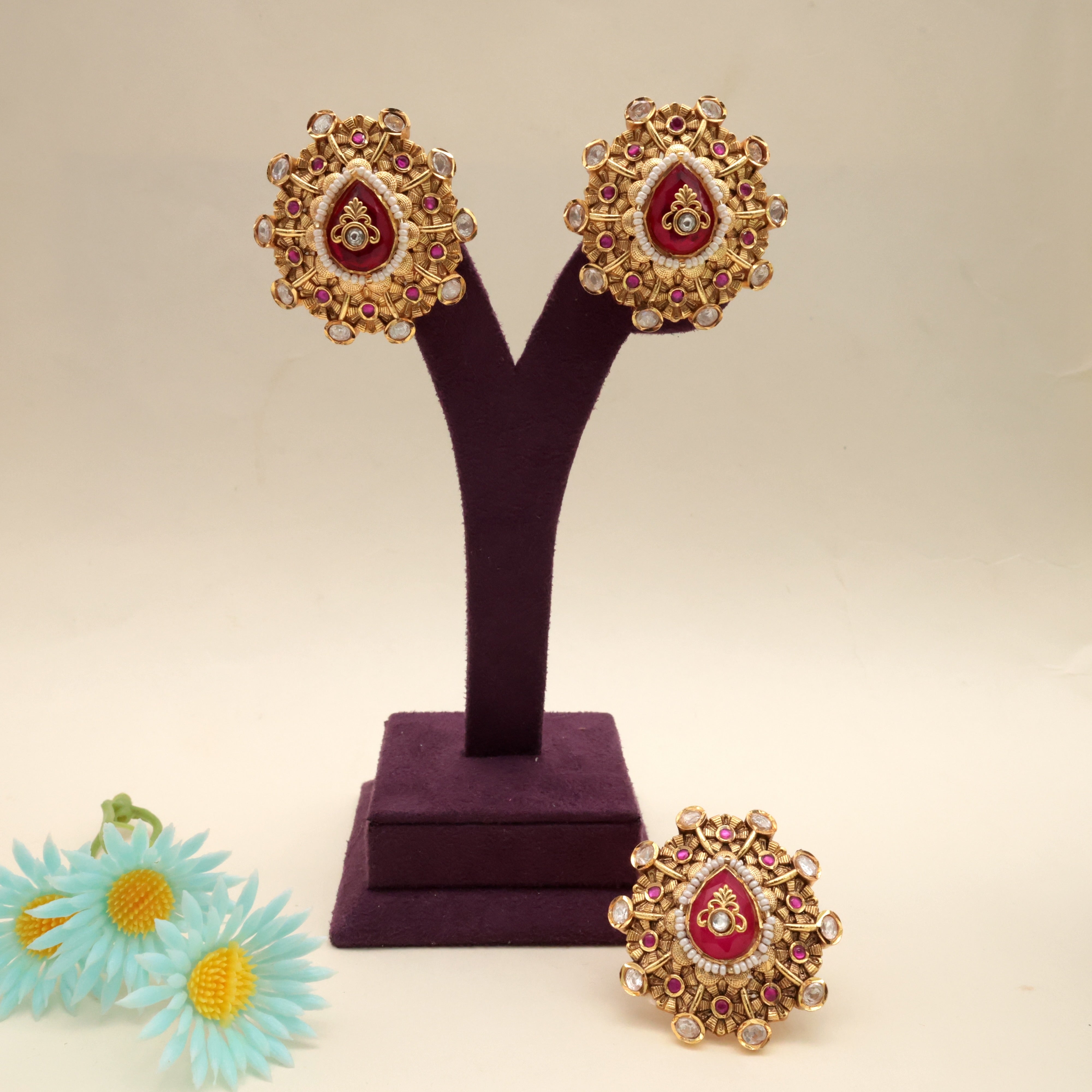 Premium Moissanite Jadau Kundan Designer Earrings With Matching Adjustable Finger Ring - Rani