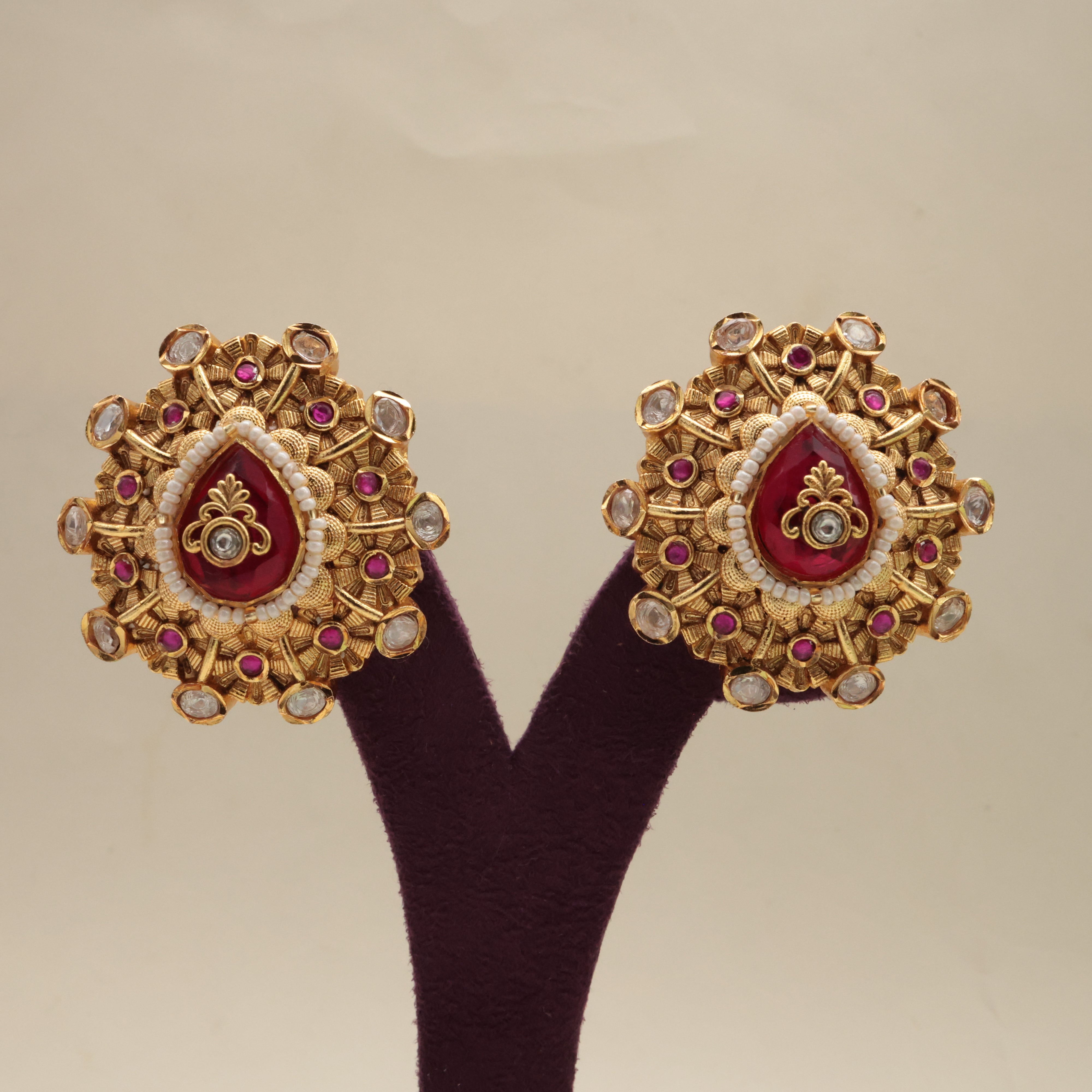 Premium Moissanite Jadau Kundan Designer Earrings With Matching Adjustable Finger Ring - Rani