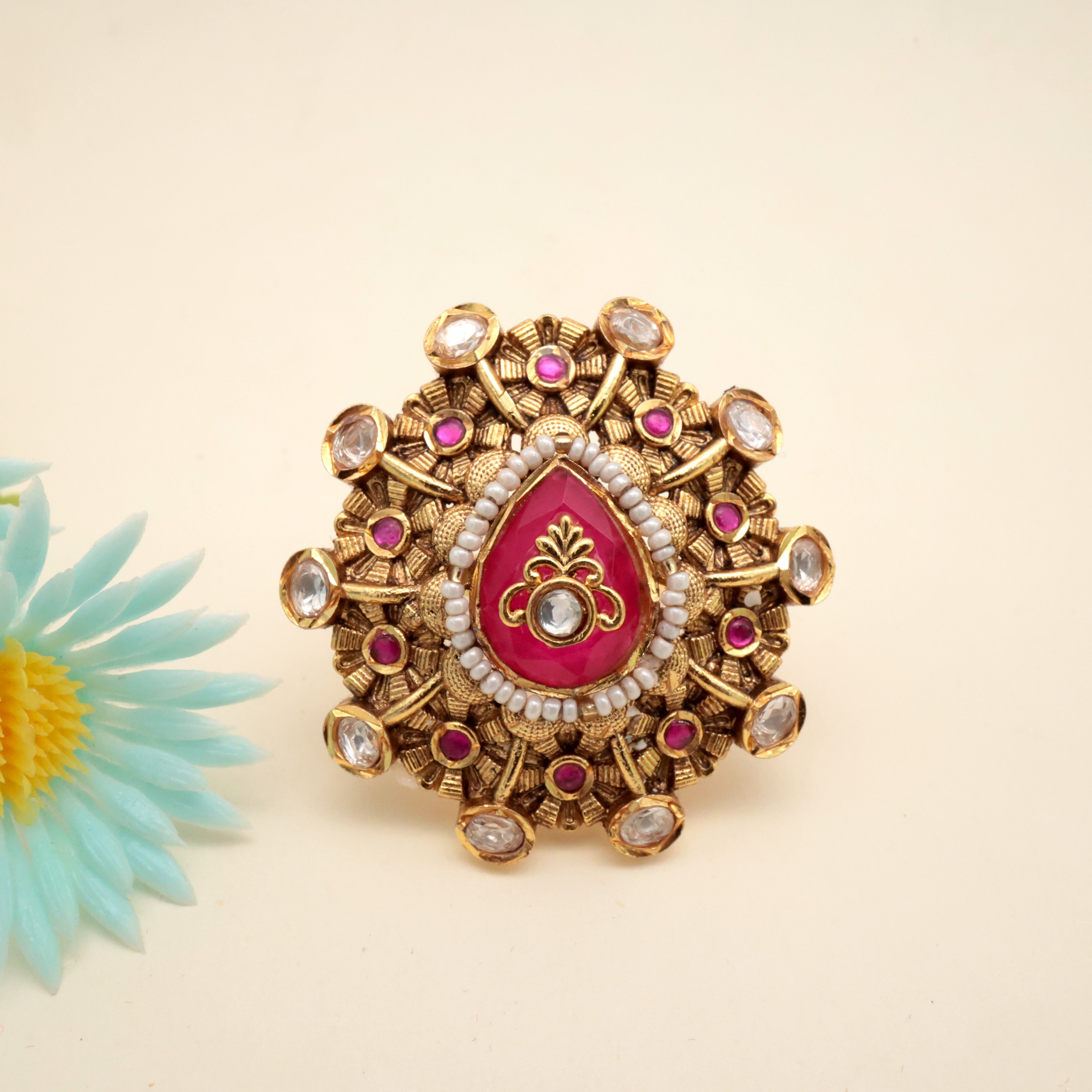 Premium Moissanite Jadau Kundan Designer Earrings With Matching Adjustable Finger Ring - Rani