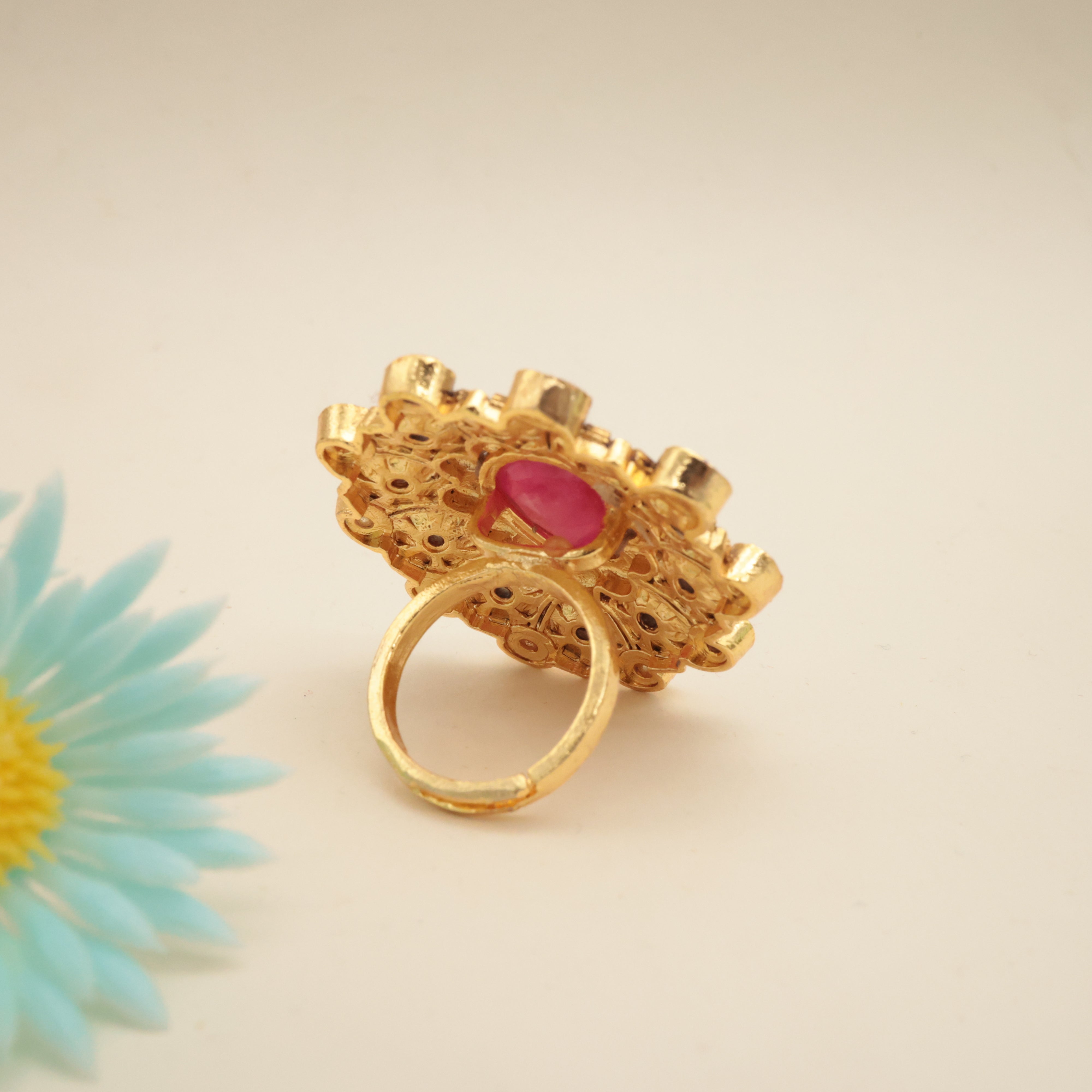 Premium Moissanite Jadau Kundan Designer Earrings With Matching Adjustable Finger Ring - Rani