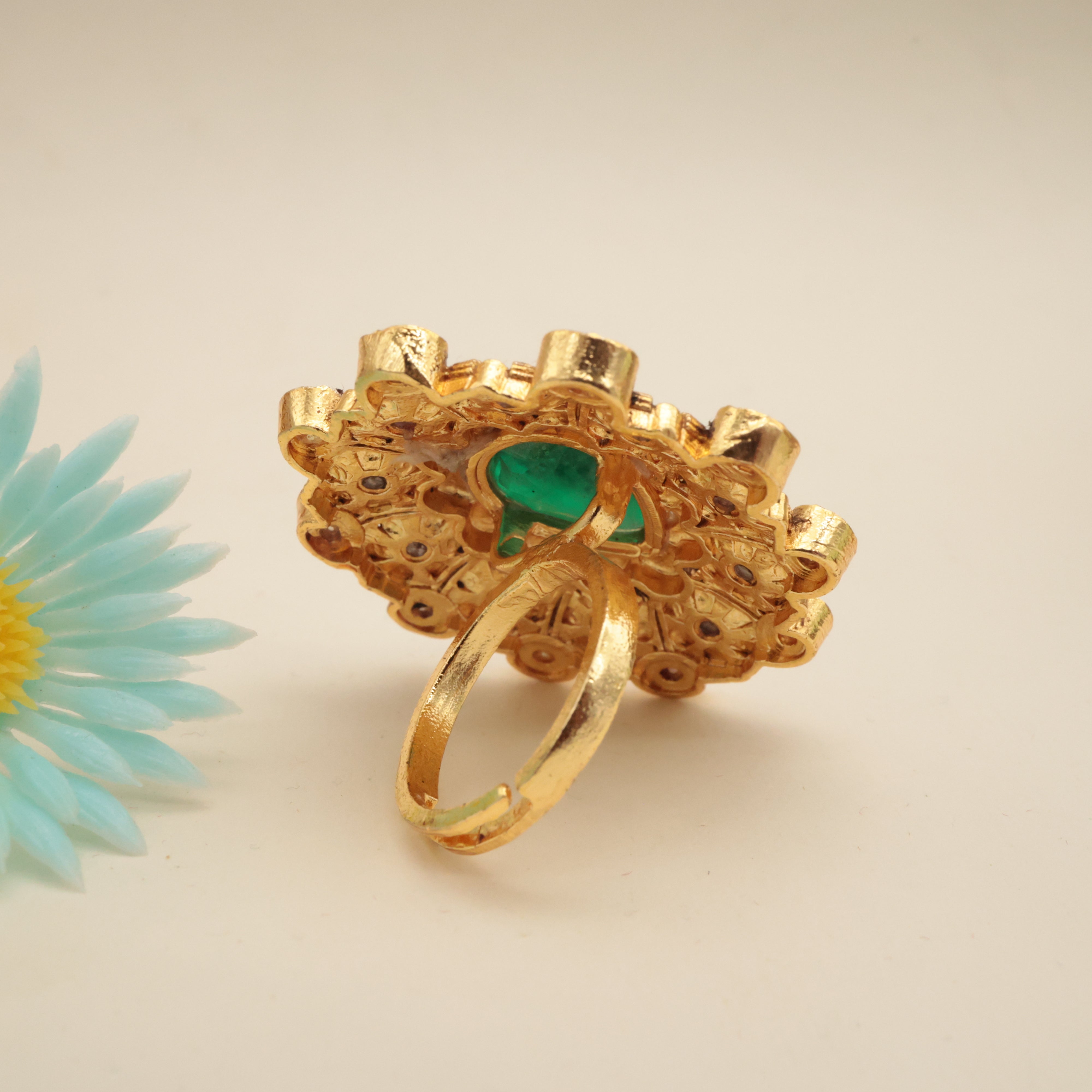 PREMIUM MOISSANITE JADAU KUNDAN DESIGNER EARRINGS WITH MATCHING ADJUSTABLE FINGER RING - EMERALD