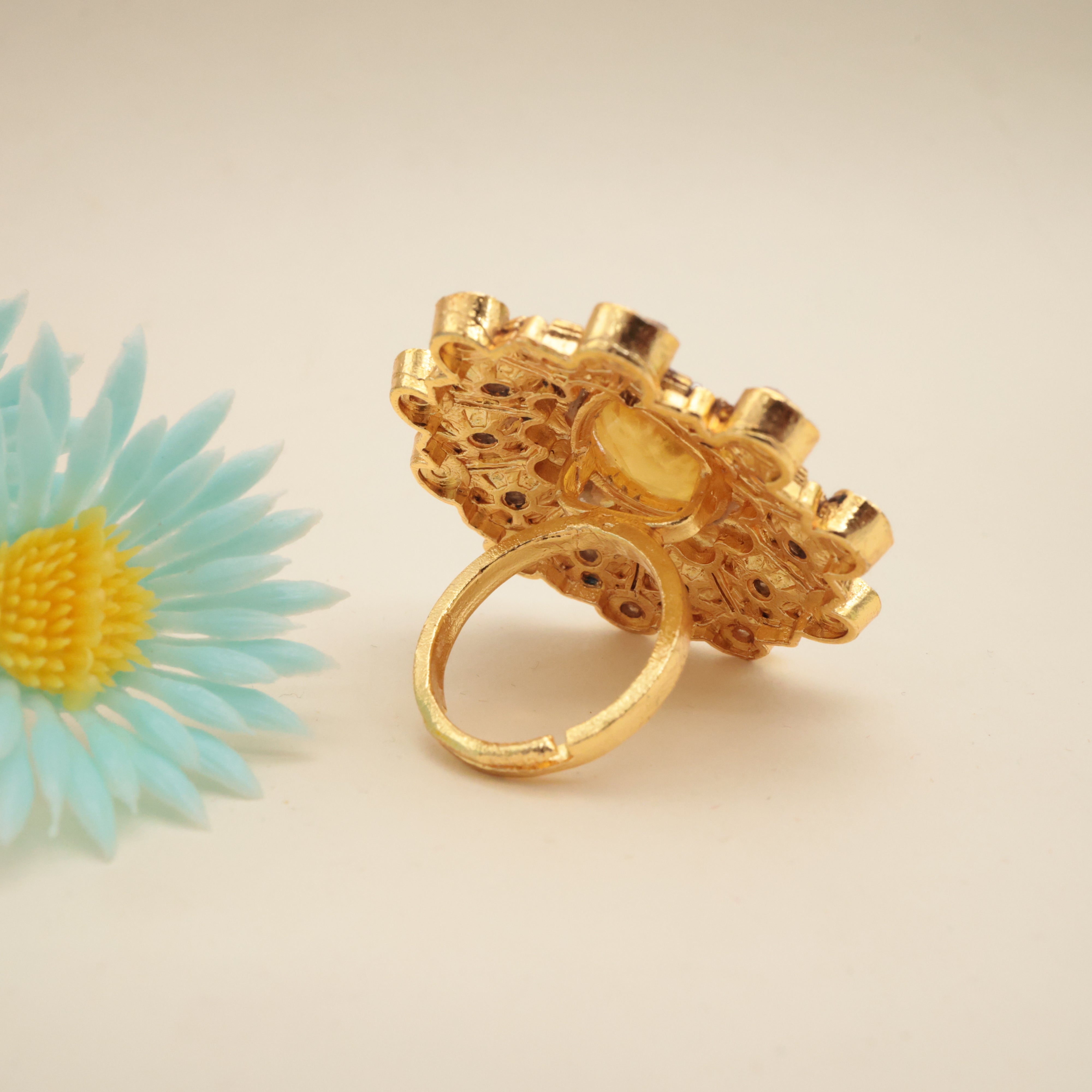 PREMIUM MOISSANITE JADAU KUNDAN DESIGNER EARRINGS WITH MATCHING ADJUSTABLE FINGER RING - YELLOW