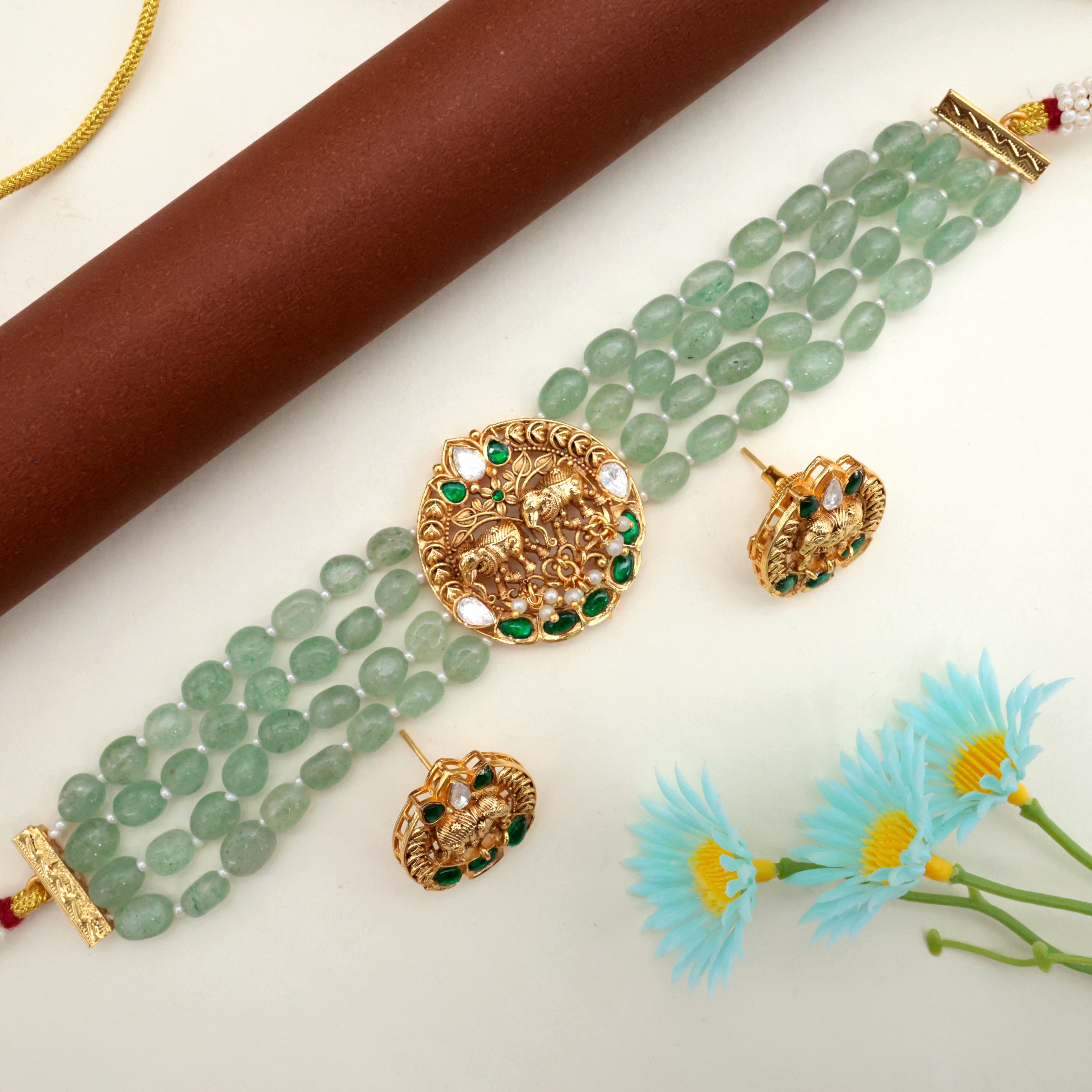 Premium Antique Gold Royal Elephants Jadau Kundan Moissanite Work Premium Beads Bridal Choker Set - Green