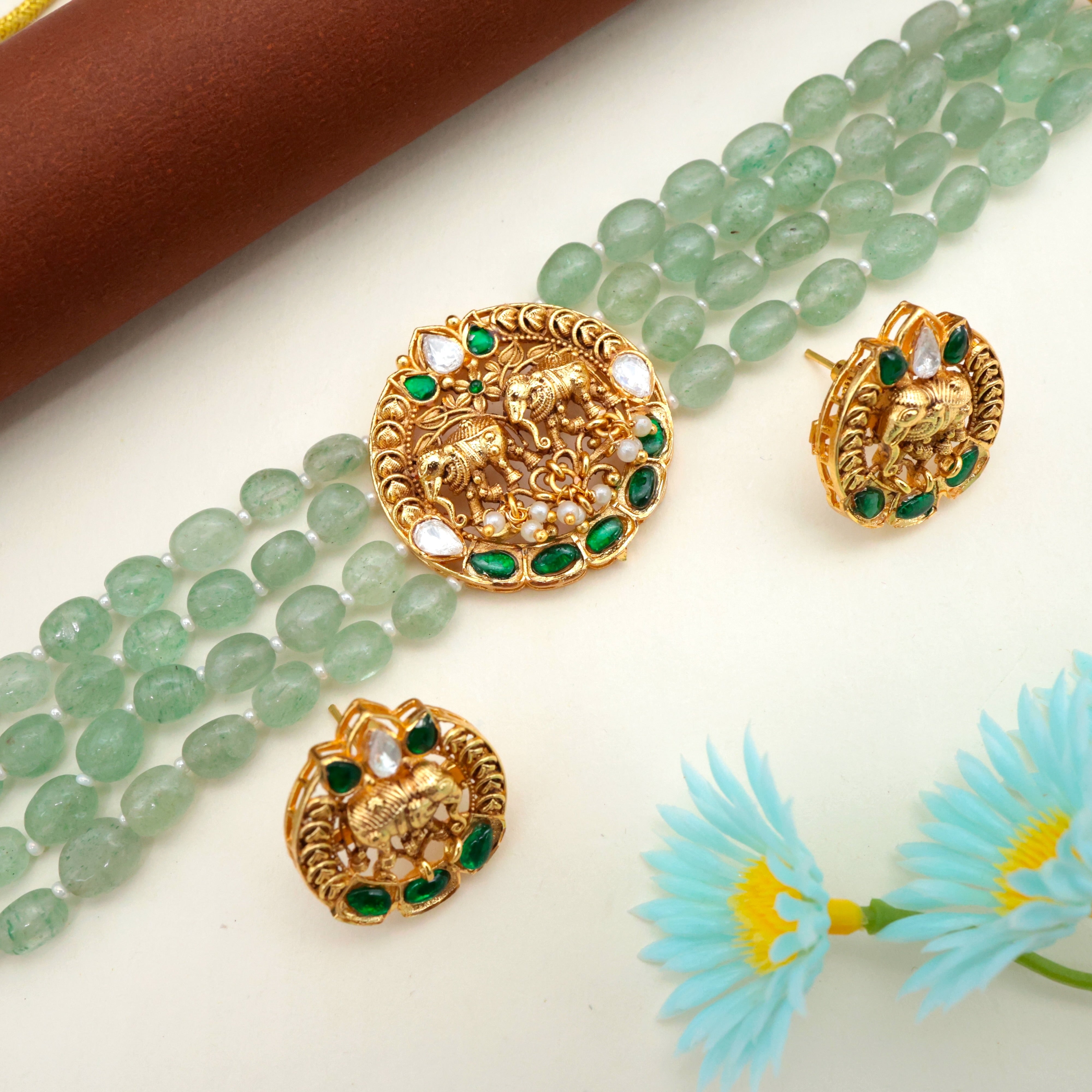 Premium Antique Gold Royal Elephants Jadau Kundan Moissanite Work Premium Beads Bridal Choker Set - Green