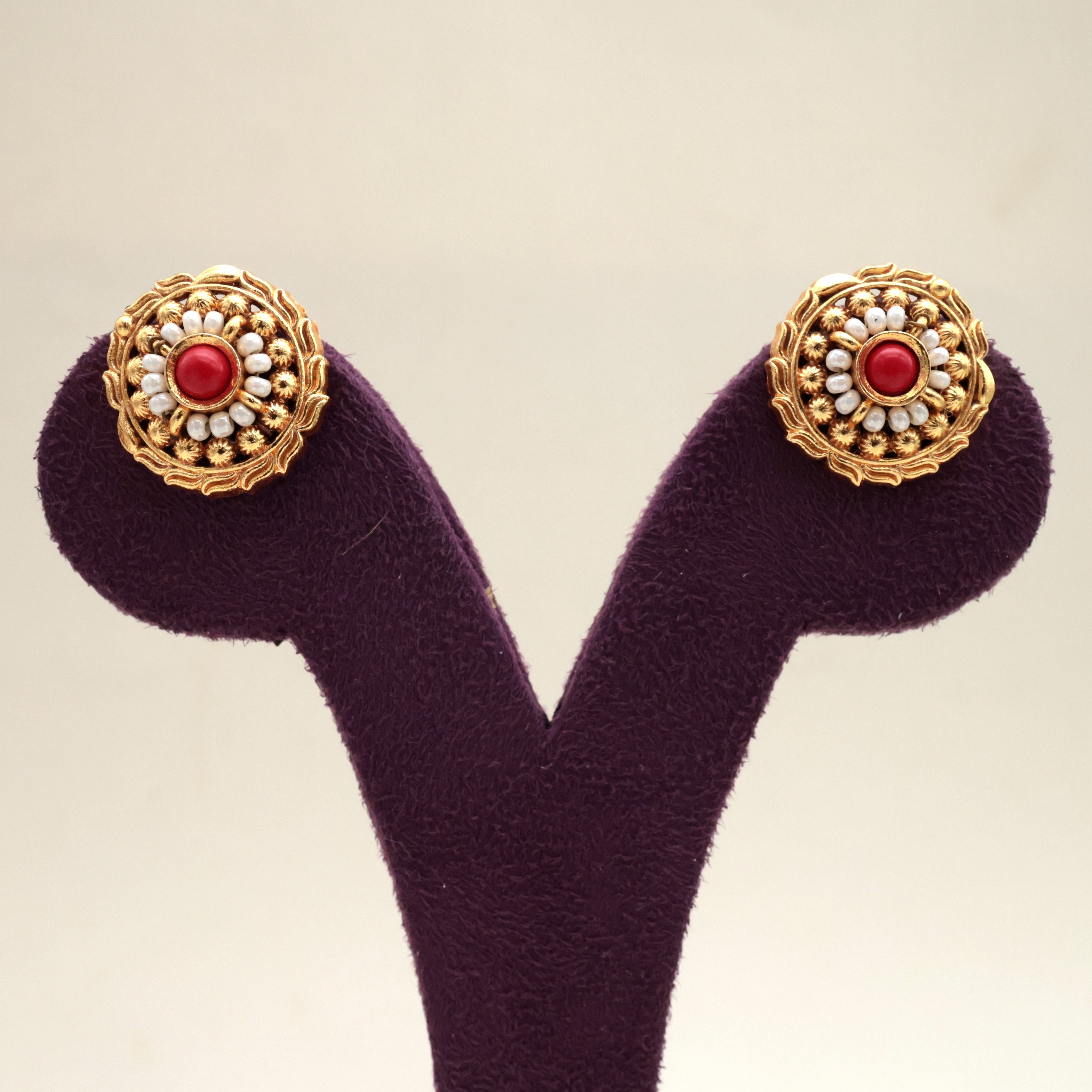 Premium Antique Small Thushi Studs - Coral