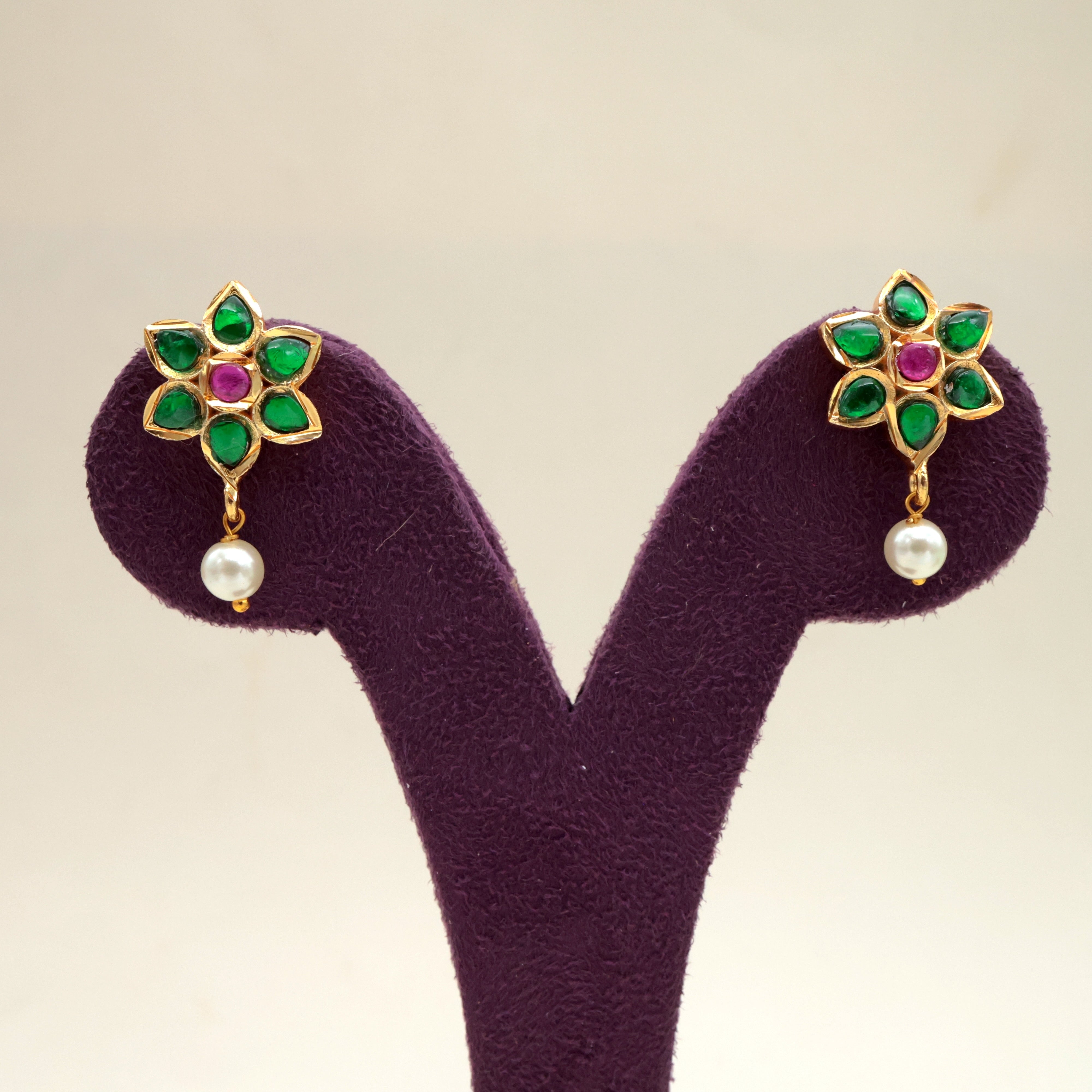 Cute Flower Pearl Drop Jadau Kundan Earrings - Green & Ruby