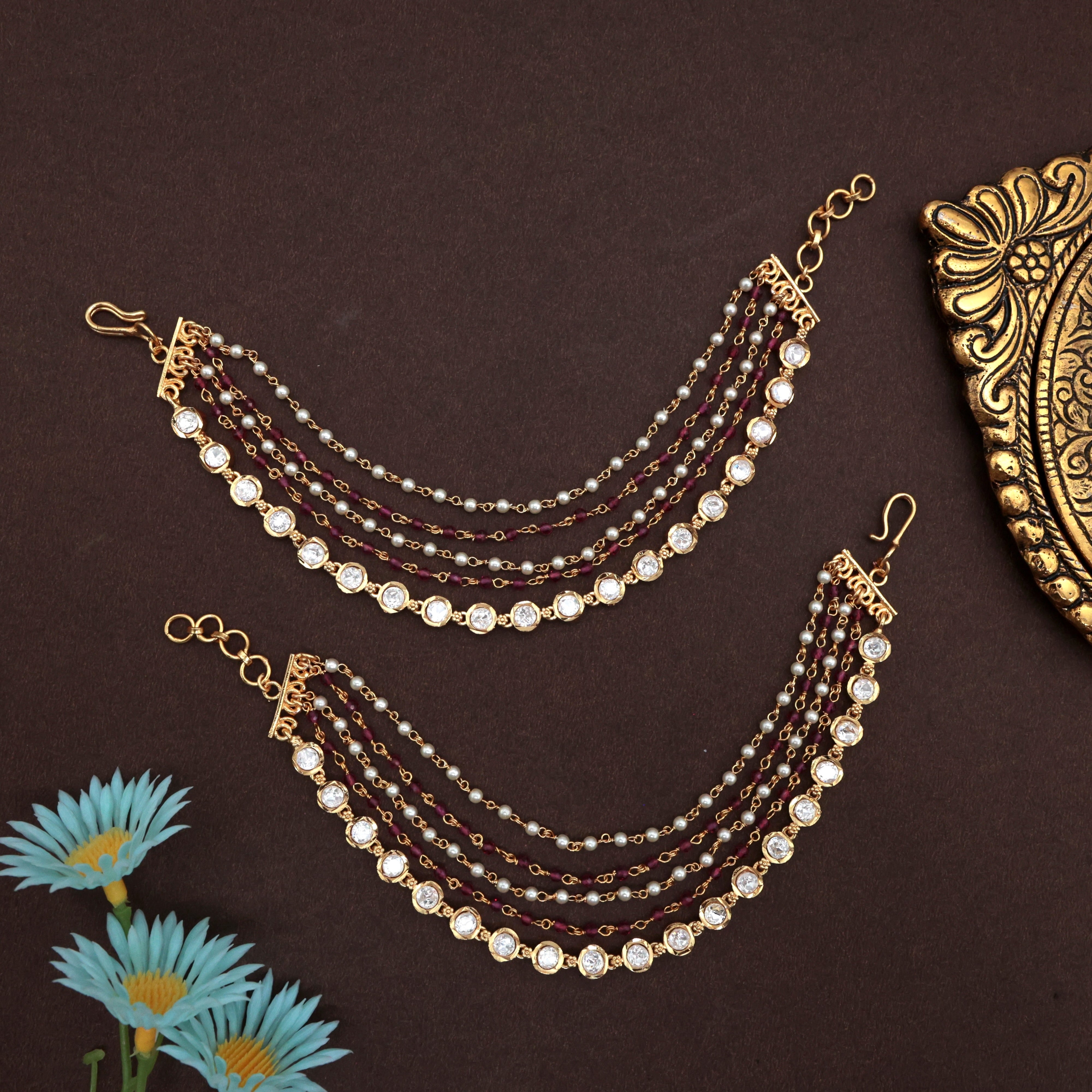 PREMIUM GOLD LOOK MOISSANITE 5 LAYER BRIDAL KAAN CHAIN - BRIDAL EAR CHAIN/MAATAL - Ruby