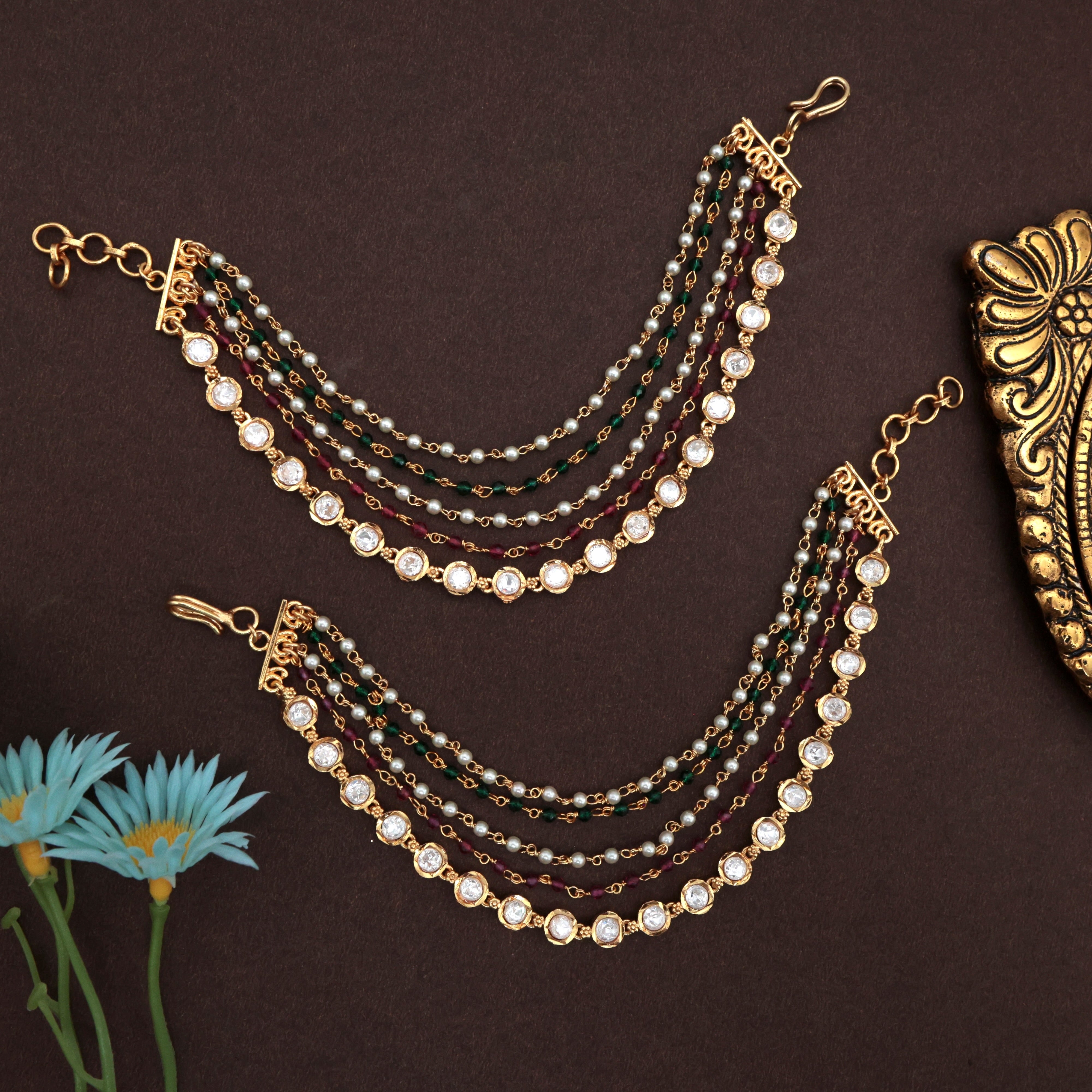 PREMIUM GOLD LOOK MOISSANITE 5 LAYER BRIDAL KAAN CHAIN - BRIDAL EAR CHAIN/MAATAL - RUBY & GREEN