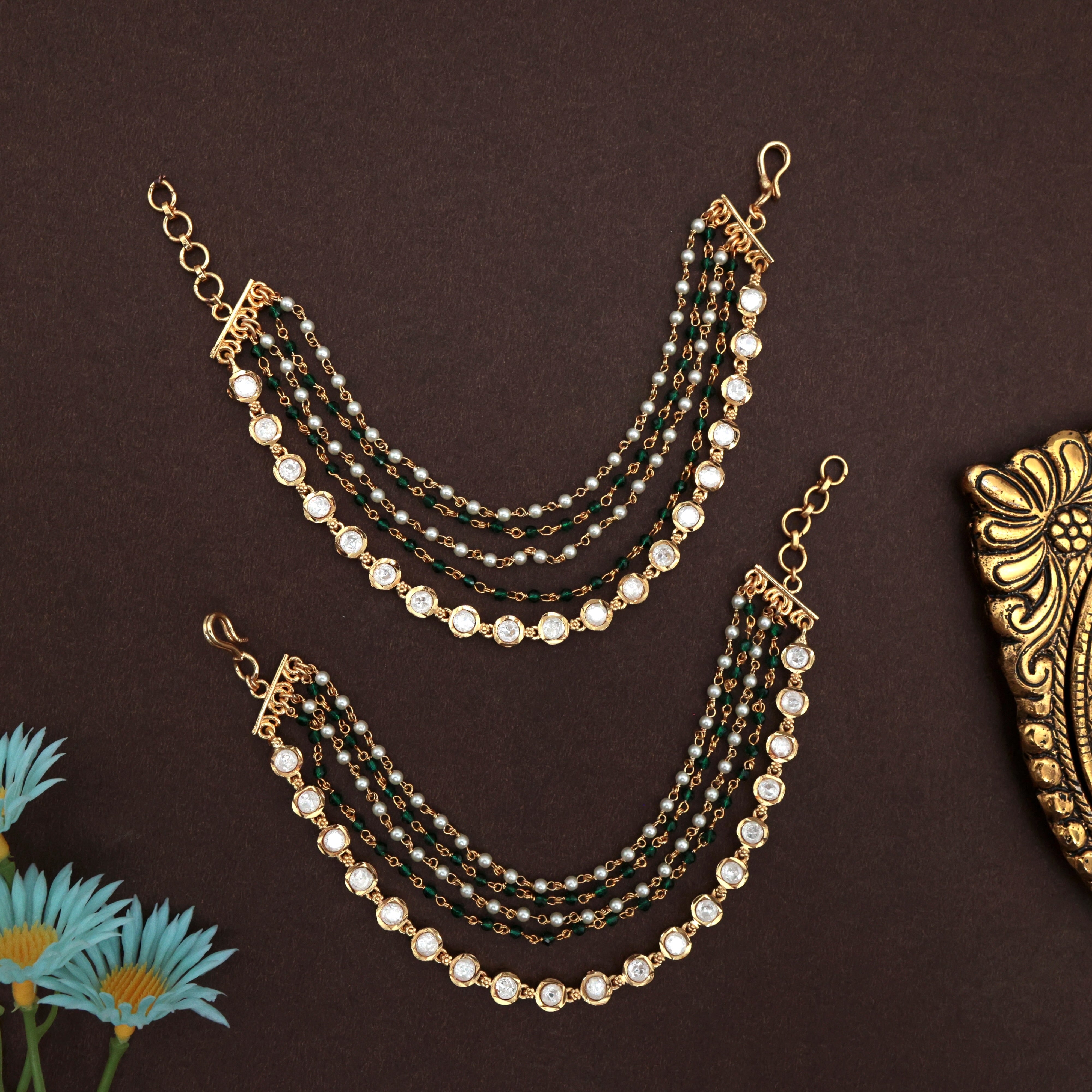 PREMIUM GOLD LOOK MOISSANITE 5 LAYER BRIDAL KAAN CHAIN - BRIDAL EAR CHAIN/MAATAL - GREEN