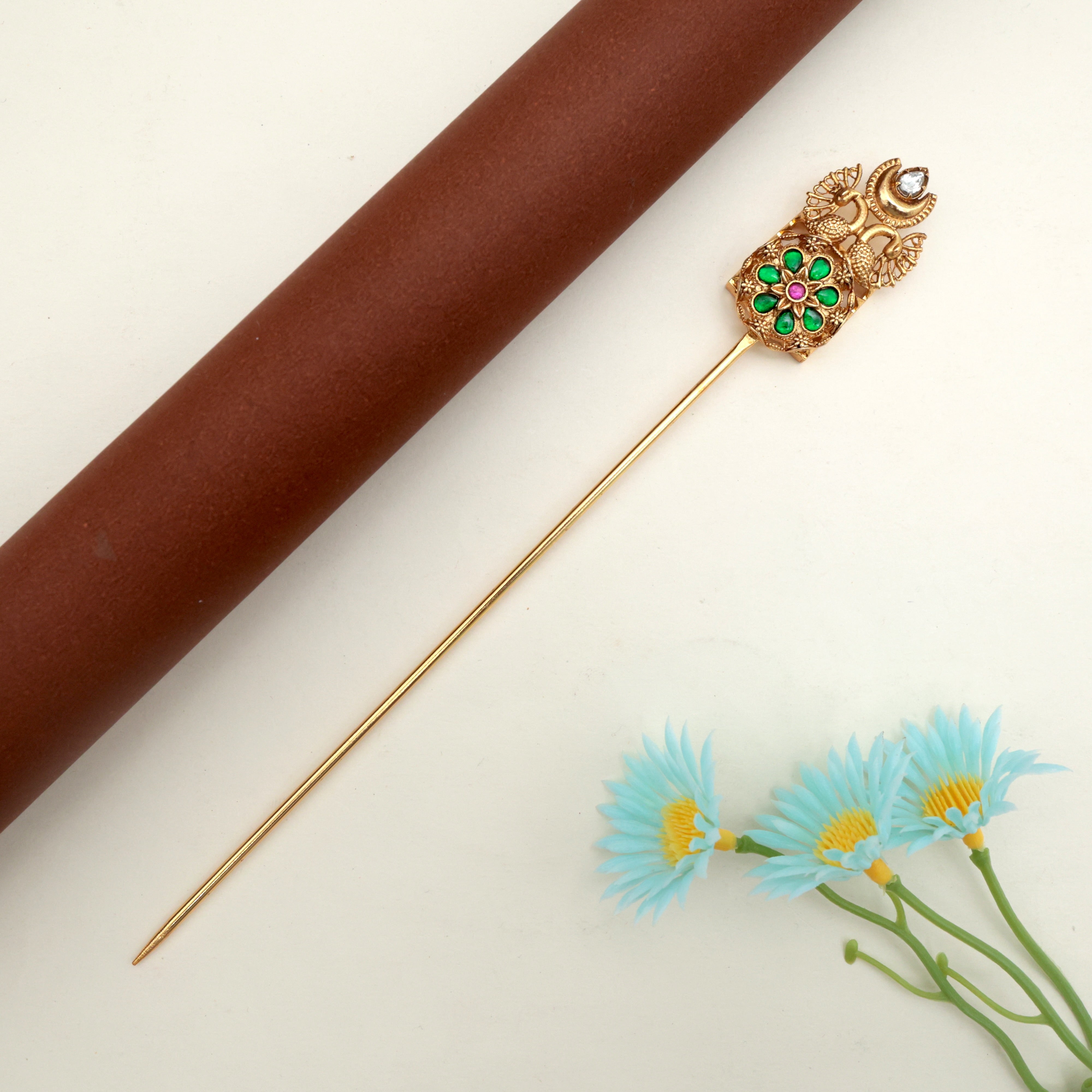 JADAU KUNDAN RETTAPAKSHI FLOWER HAIR BUN HOLDER - GREEN & RUBY - BUN CAGE HAIR ACCESSORY FOR WOMEN