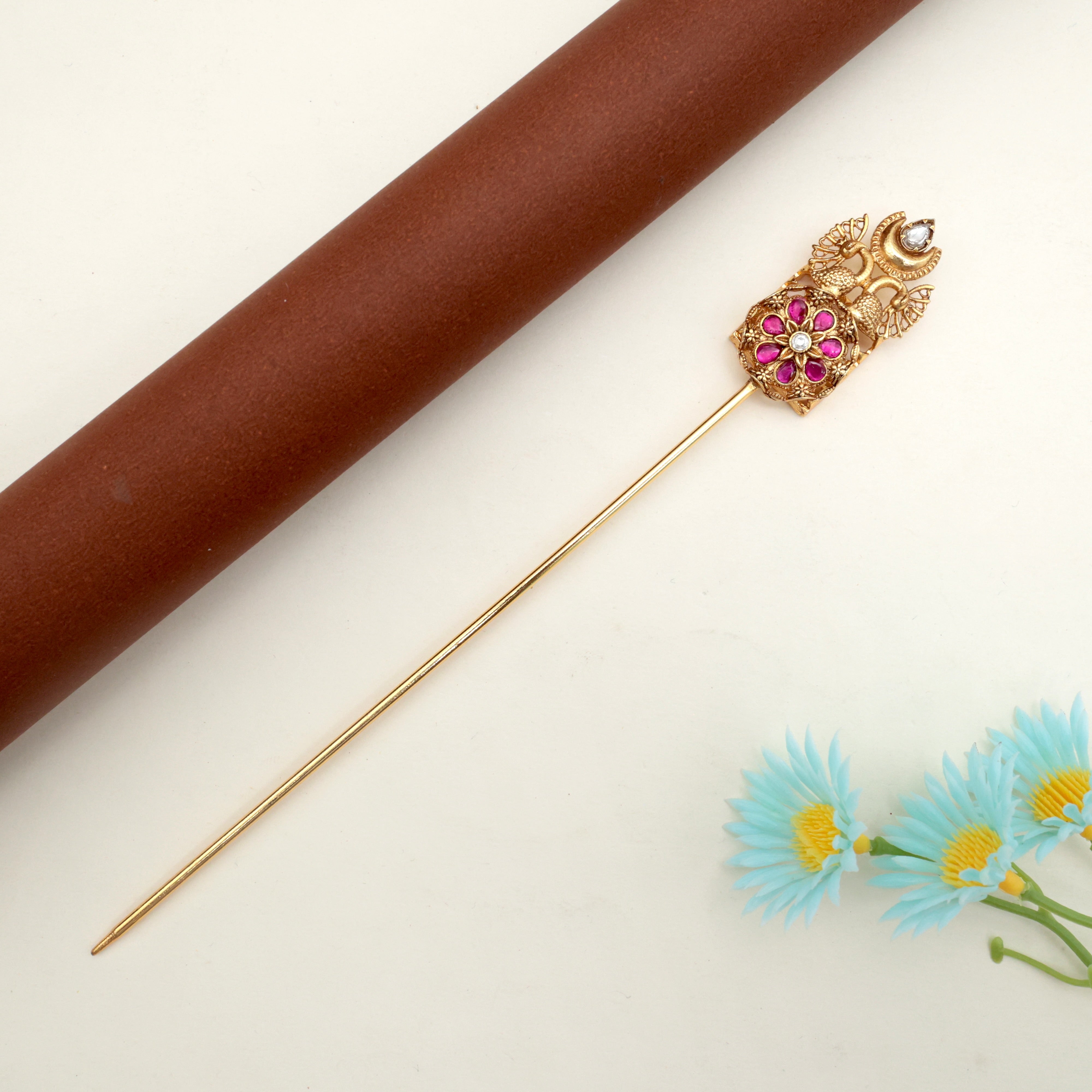 JADAU KUNDAN RETTAPAKSHI FLOWER HAIR BUN HOLDER - RUBY & WHITE - BUN CAGE HAIR ACCESSORY FOR WOMEN