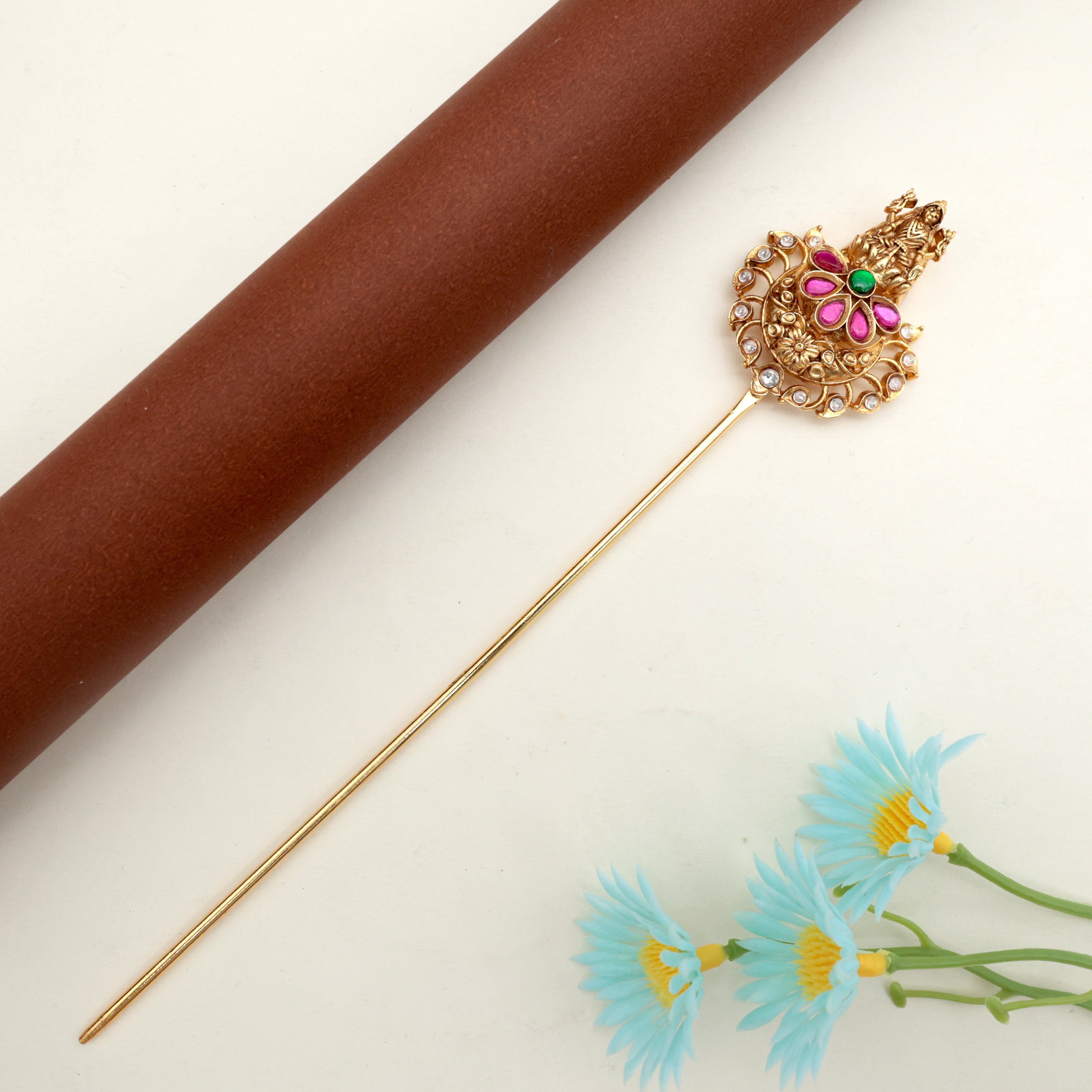 JADAU KUNDAN MAHALAKSHMI HAIR BUN HOLDER - RUBY & GREEN - BUN CAGE HAIR ACCESSORY FOR WOMEN