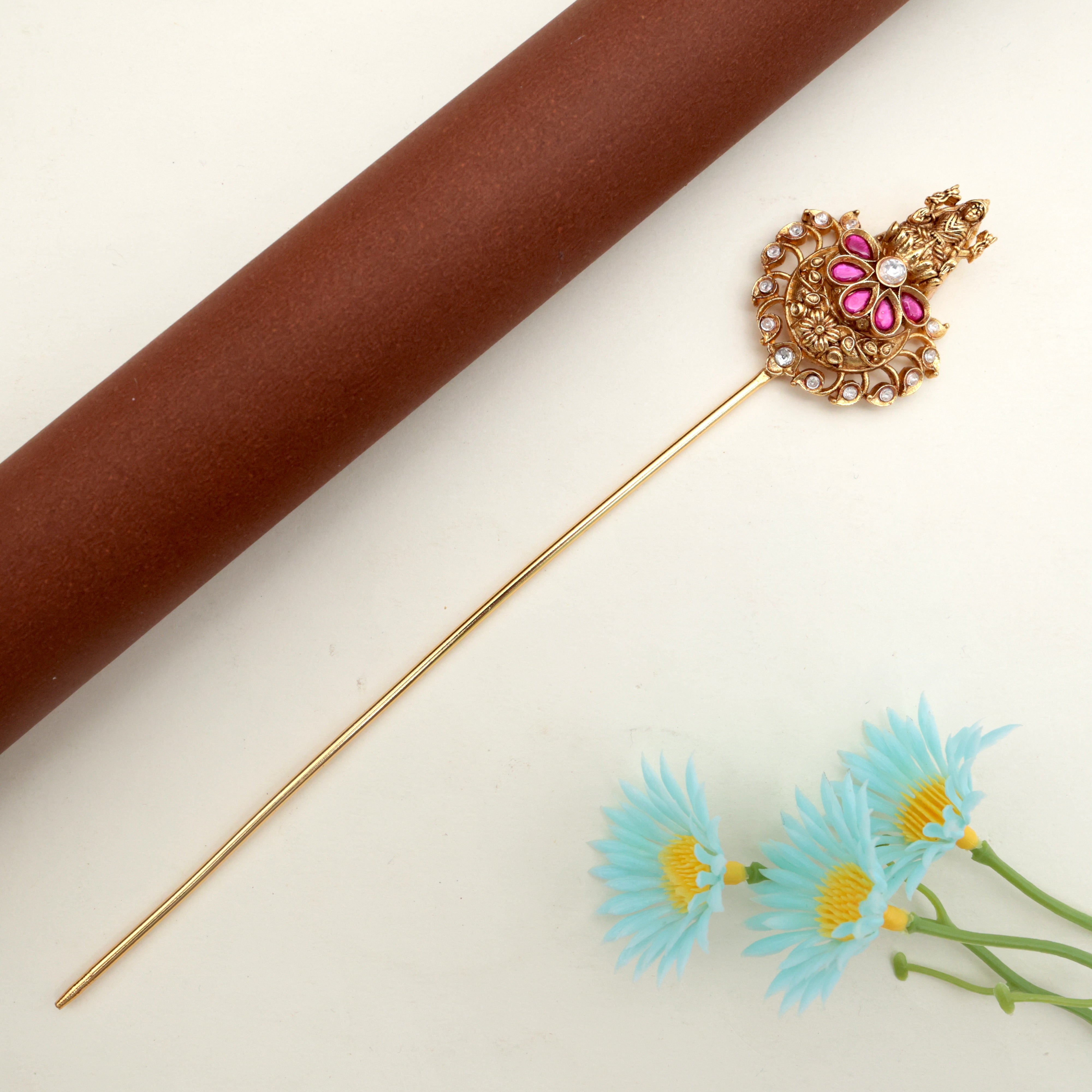 JADAU KUNDAN MAHALAKSHMI HAIR BUN HOLDER - RED & WHITE - BUN CAGE HAIR ACCESSORY FOR WOMEN