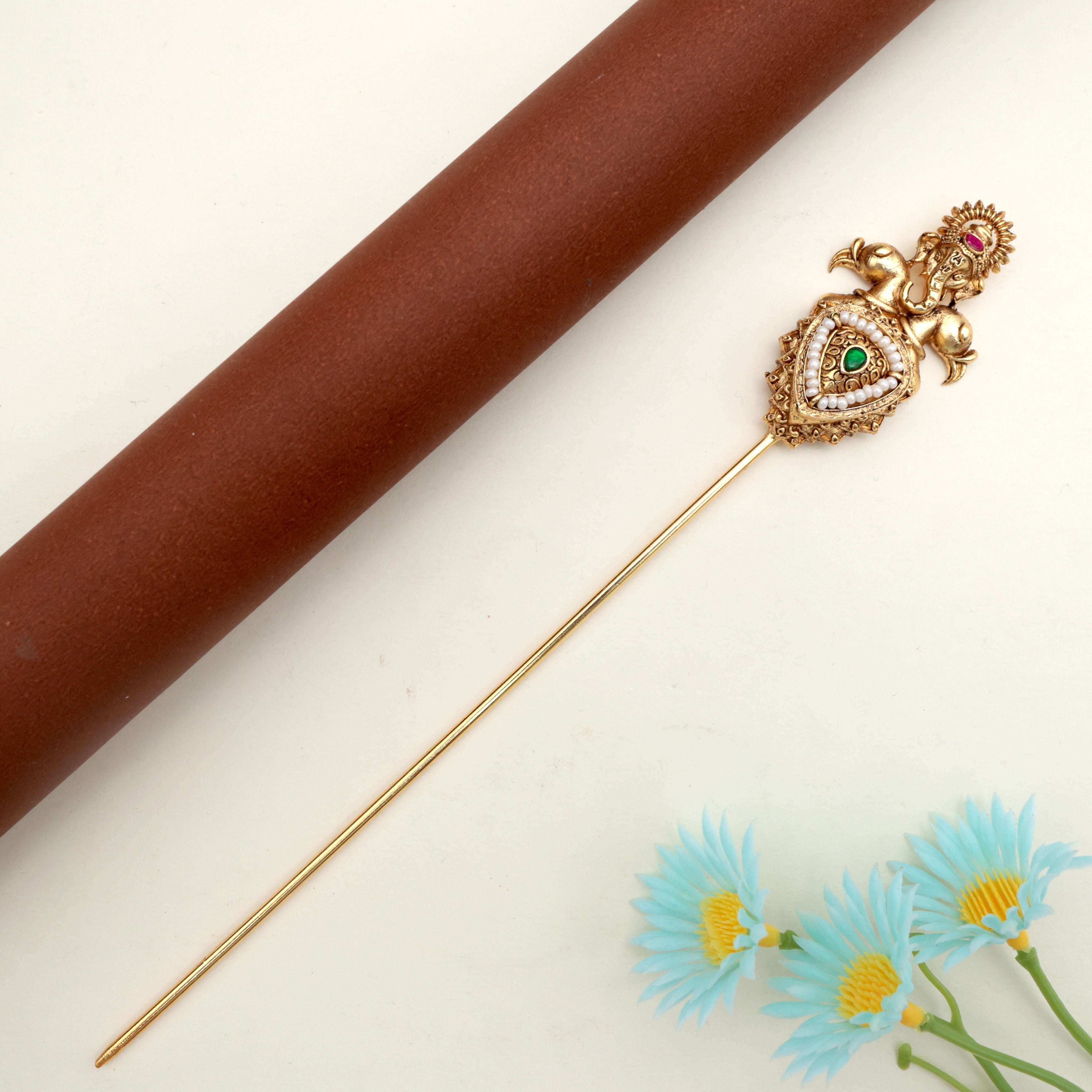 JADAU KUNDAN RETTAPAKSHI GANESHA HAIR BUN HOLDER - GREEN & RUBY - BUN CAGE HAIR ACCESSORY FOR WOMEN