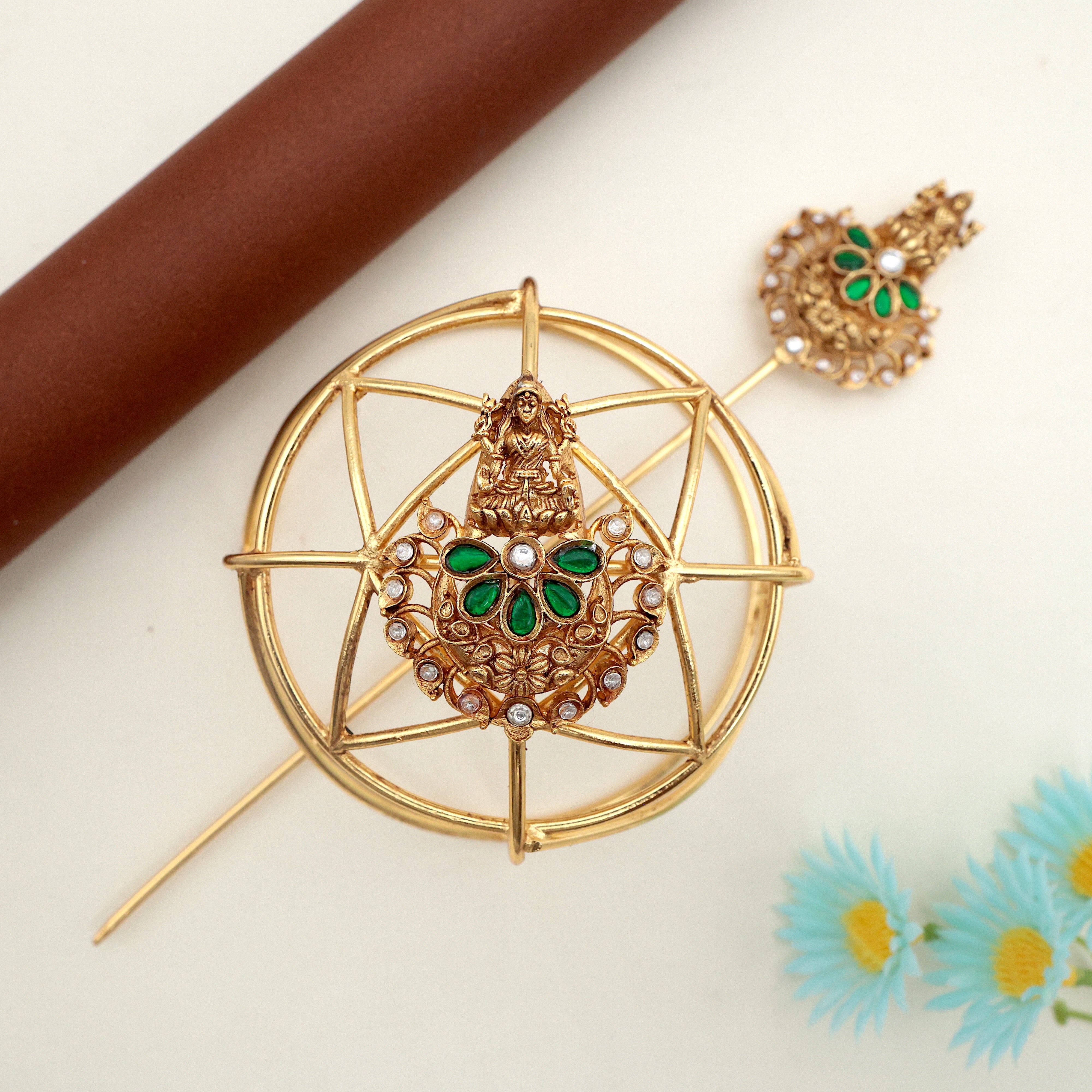 JADAU KUNDAN MAHALAKSHMI HAIR BUN HOLDER - GREEN & WHITE - BUN CAGE HAIR ACCESSORY FOR WOMEN