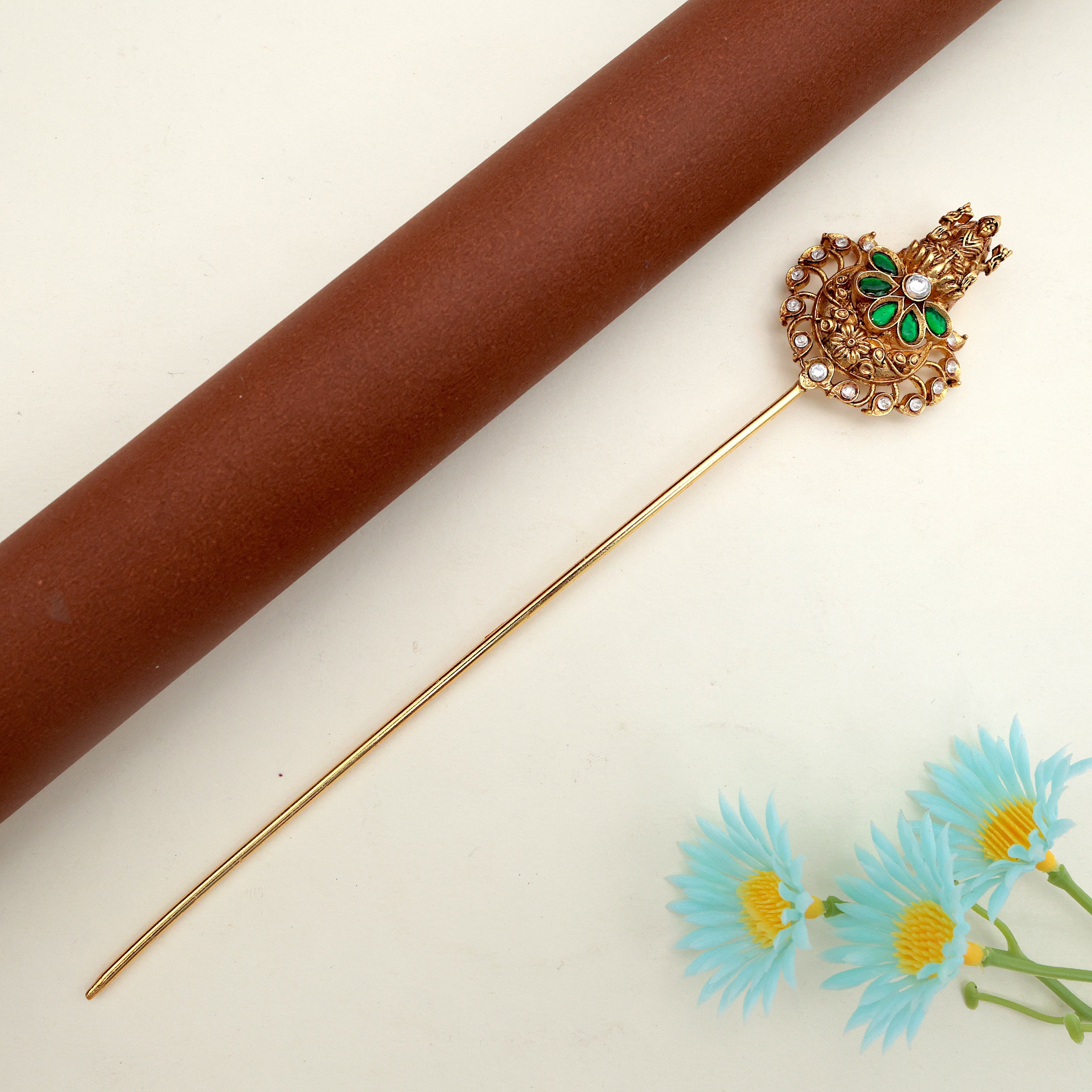 JADAU KUNDAN MAHALAKSHMI HAIR BUN HOLDER - GREEN & WHITE - BUN CAGE HAIR ACCESSORY FOR WOMEN