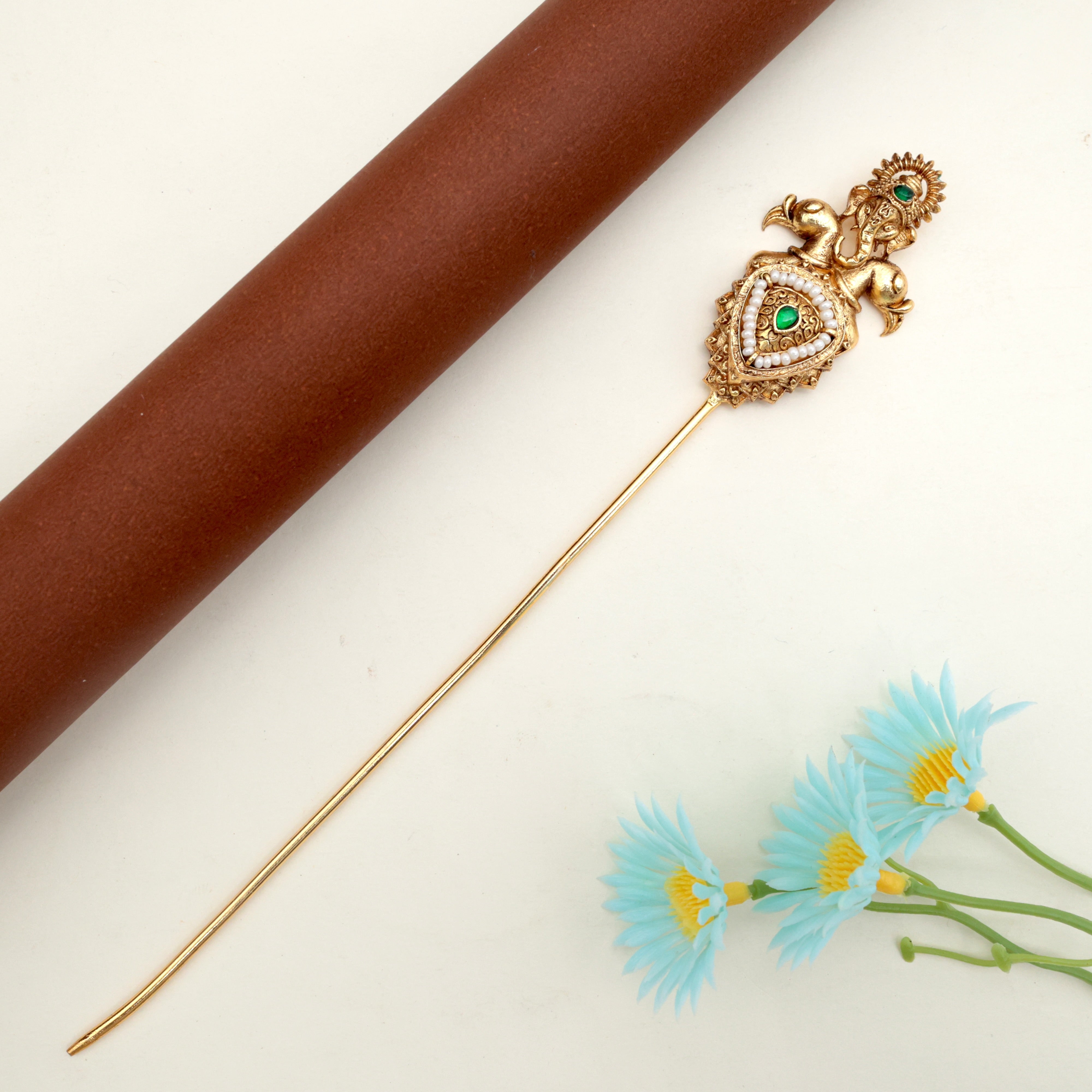 JADAU KUNDAN RETTAPAKSHI GANESHA HAIR BUN HOLDER - GREEN - BUN CAGE HAIR ACCESSORY FOR WOMEN