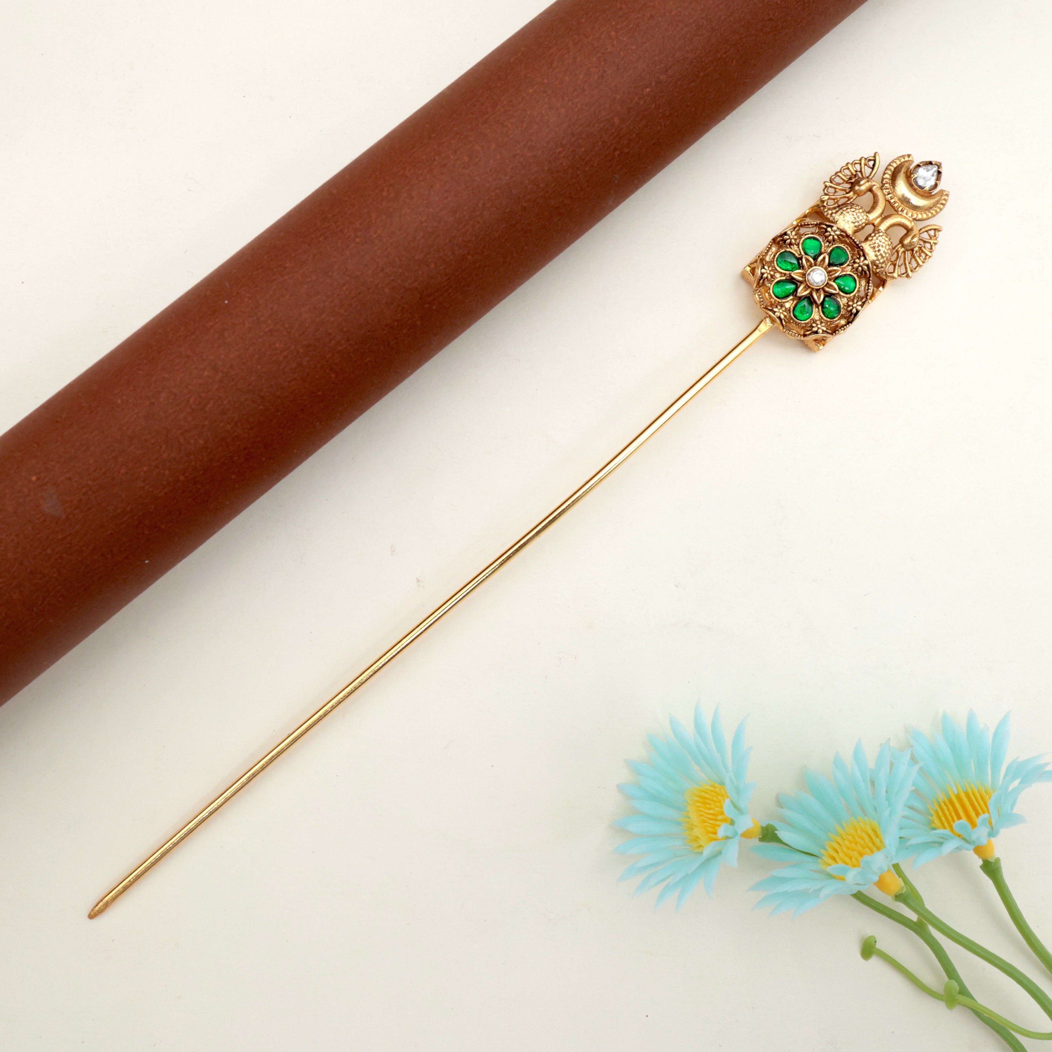 JADAU KUNDAN RETTAPAKSHI FLOWER HAIR BUN HOLDER - GREEN & WHITE - BUN CAGE HAIR ACCESSORY FOR WOMEN