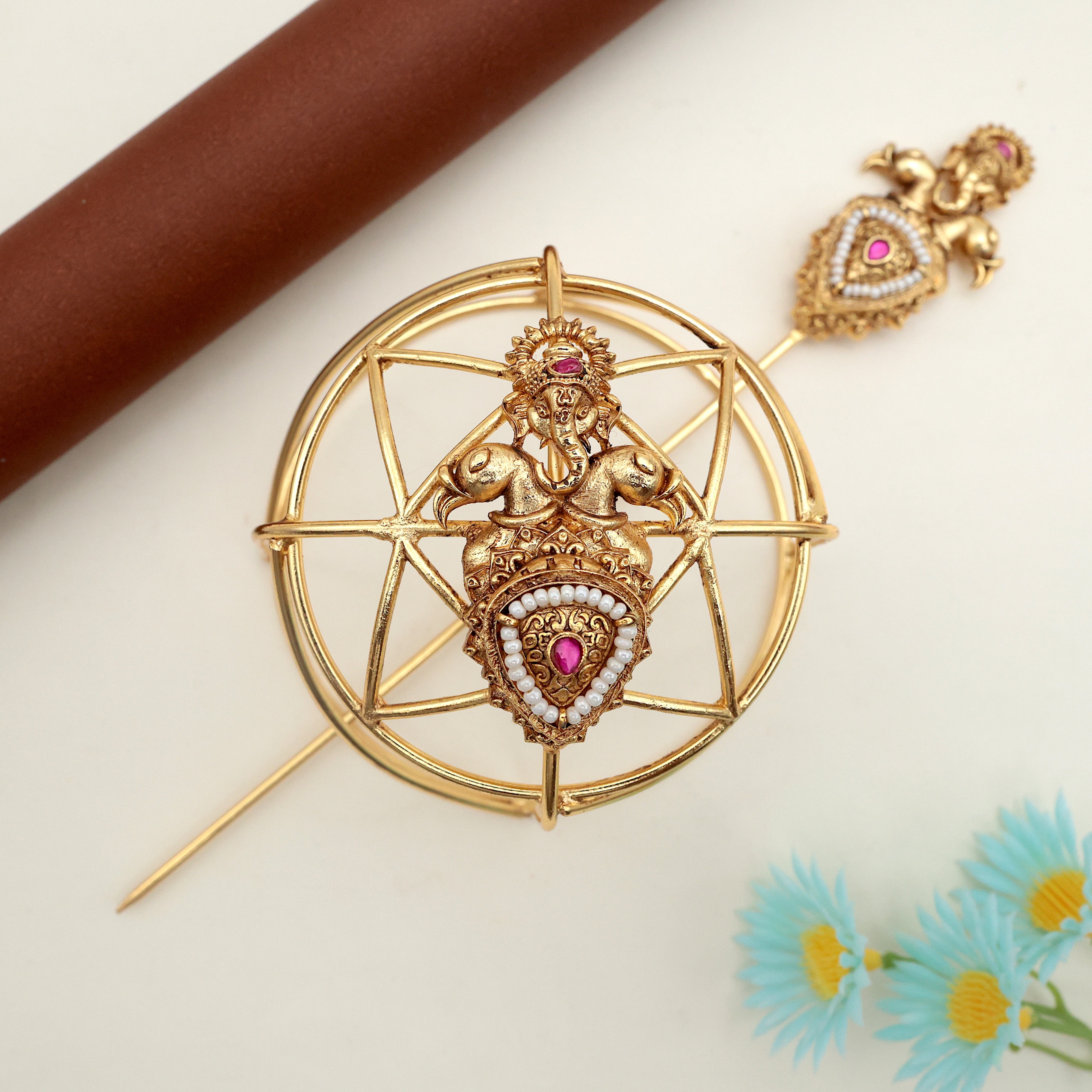 JADAU KUNDAN RETTAPAKSHI GANESHA HAIR BUN HOLDER - RUBY - BUN CAGE HAIR ACCESSORY FOR WOMEN