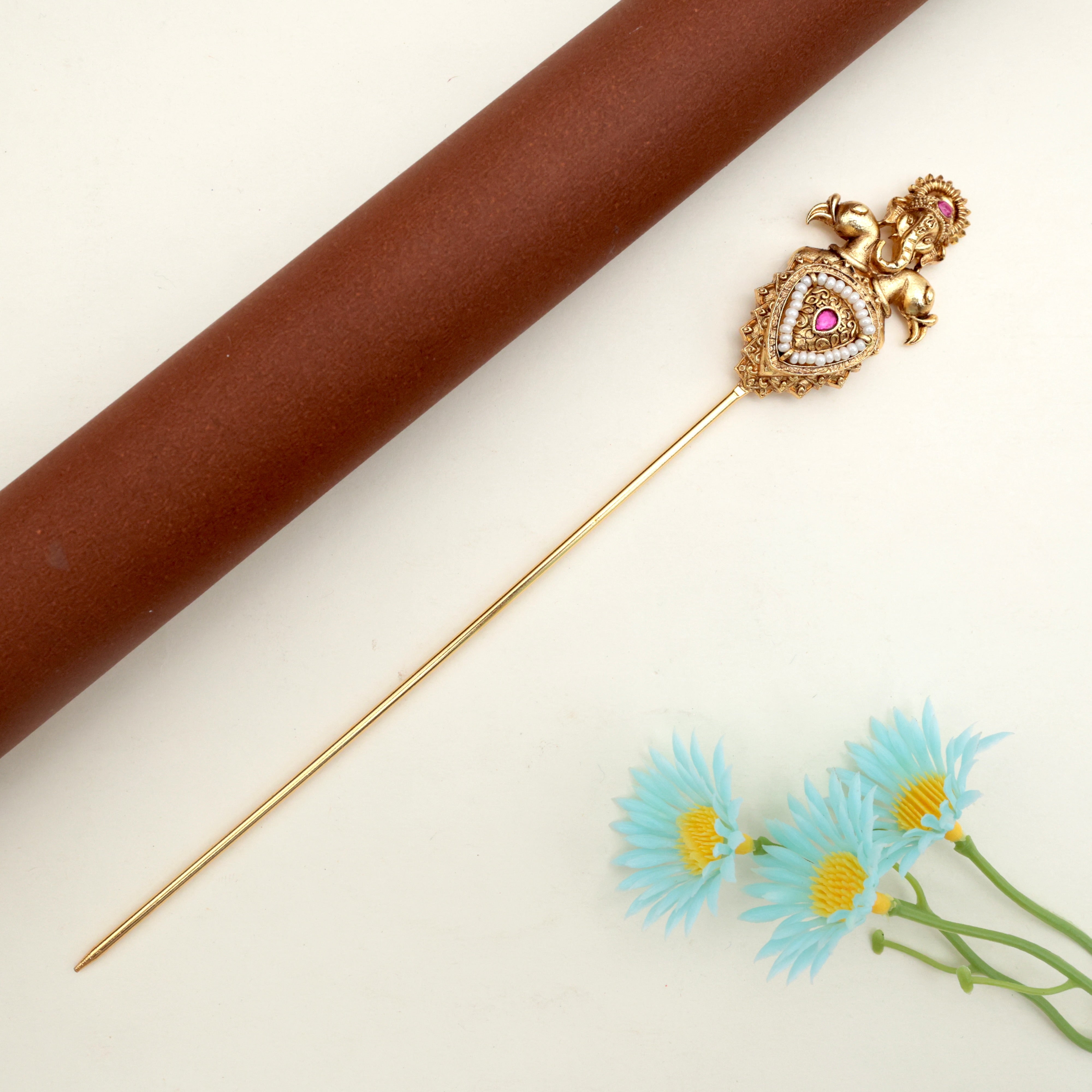 JADAU KUNDAN RETTAPAKSHI GANESHA HAIR BUN HOLDER - RUBY - BUN CAGE HAIR ACCESSORY FOR WOMEN