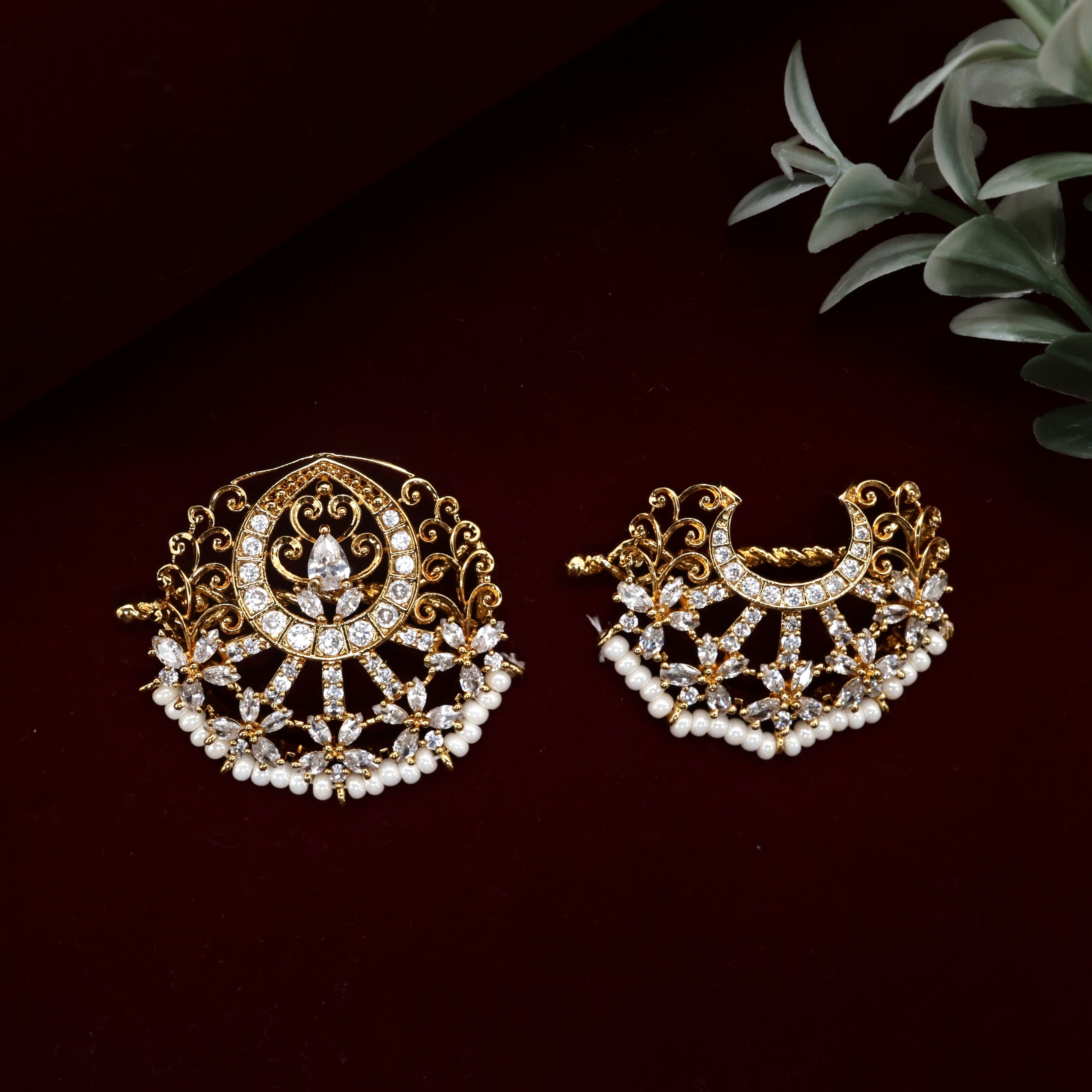 Diamond Look AD Antique Tilak Flower Bridal Sun Moon Bridal Hair Accessory - Chandran Suryan Billais