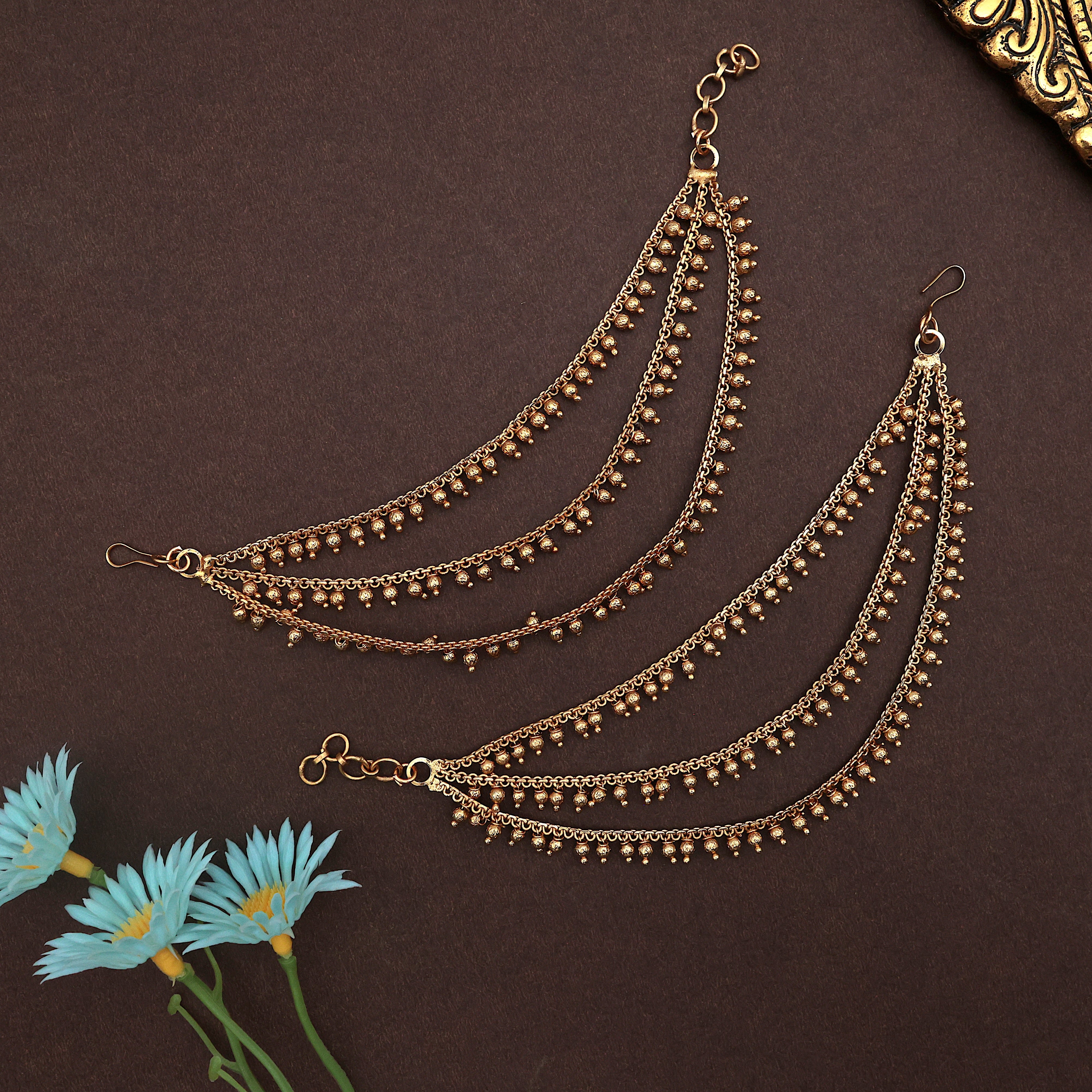 Antique Gold Bridal 3 Line Gold Balls Ear Chain / Maatal