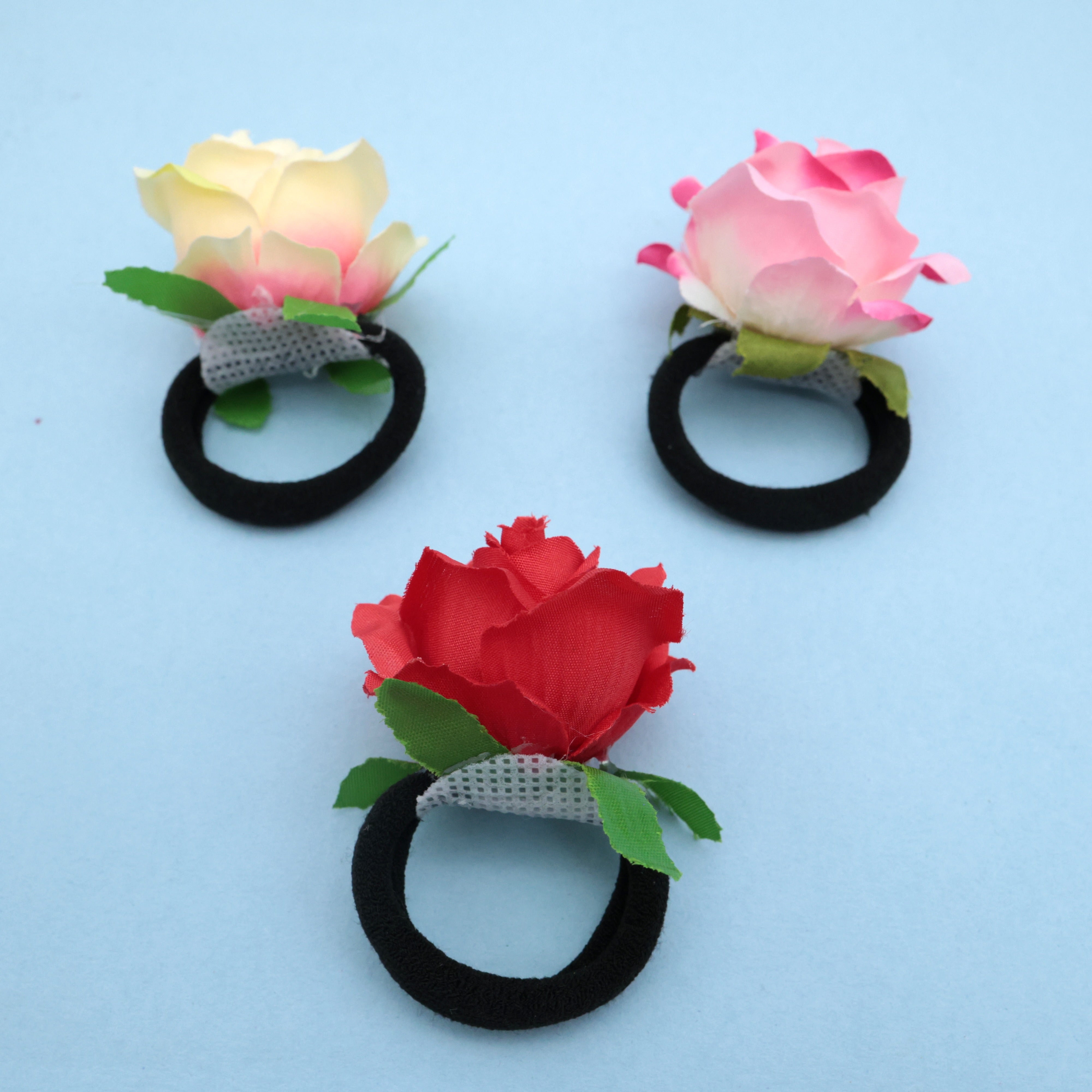 Real Look Pack of 3 Rose Hair Ties - Elastic Hair Bands For Women