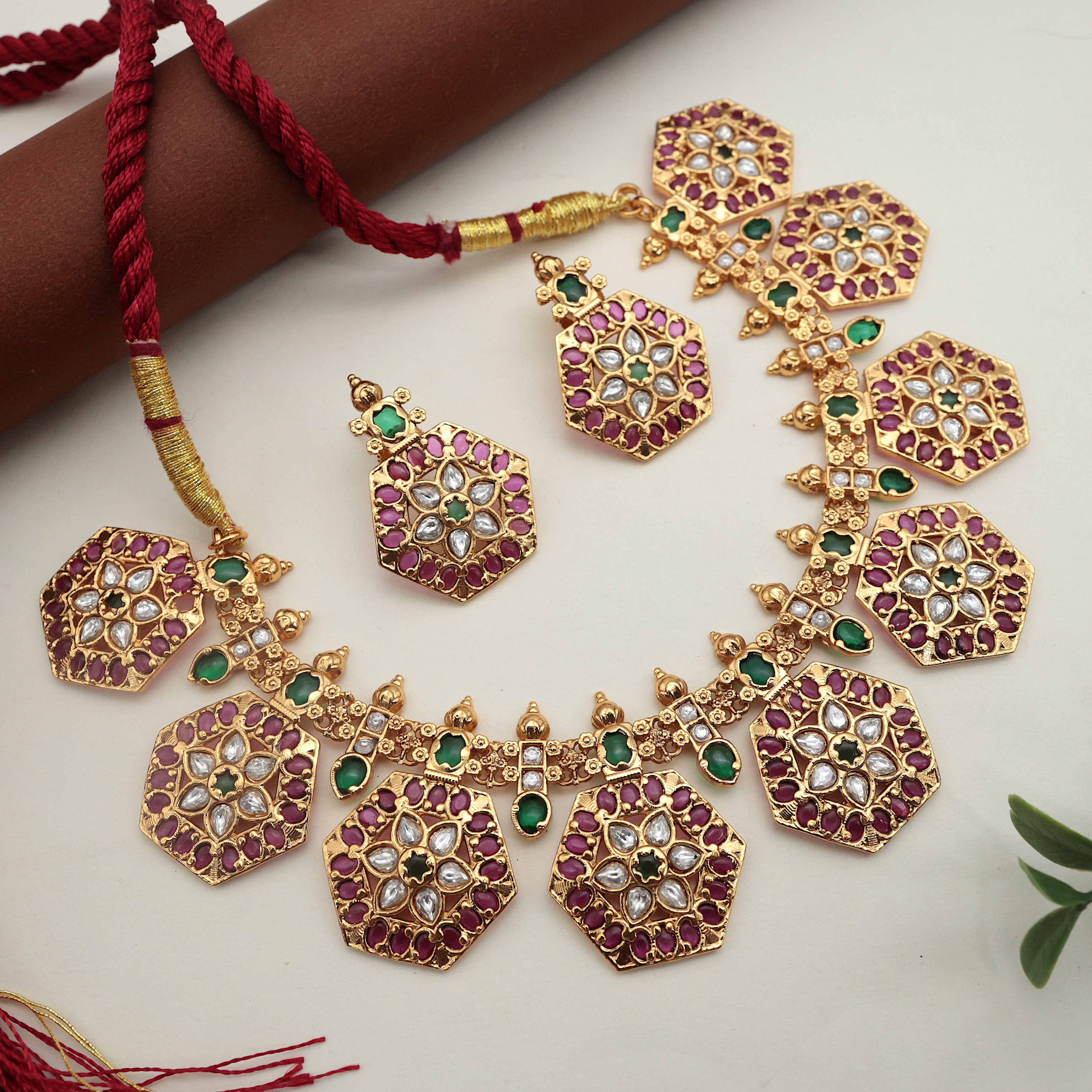 Premium Hexagon Coins Kundan Kemp Bridal Necklace Set