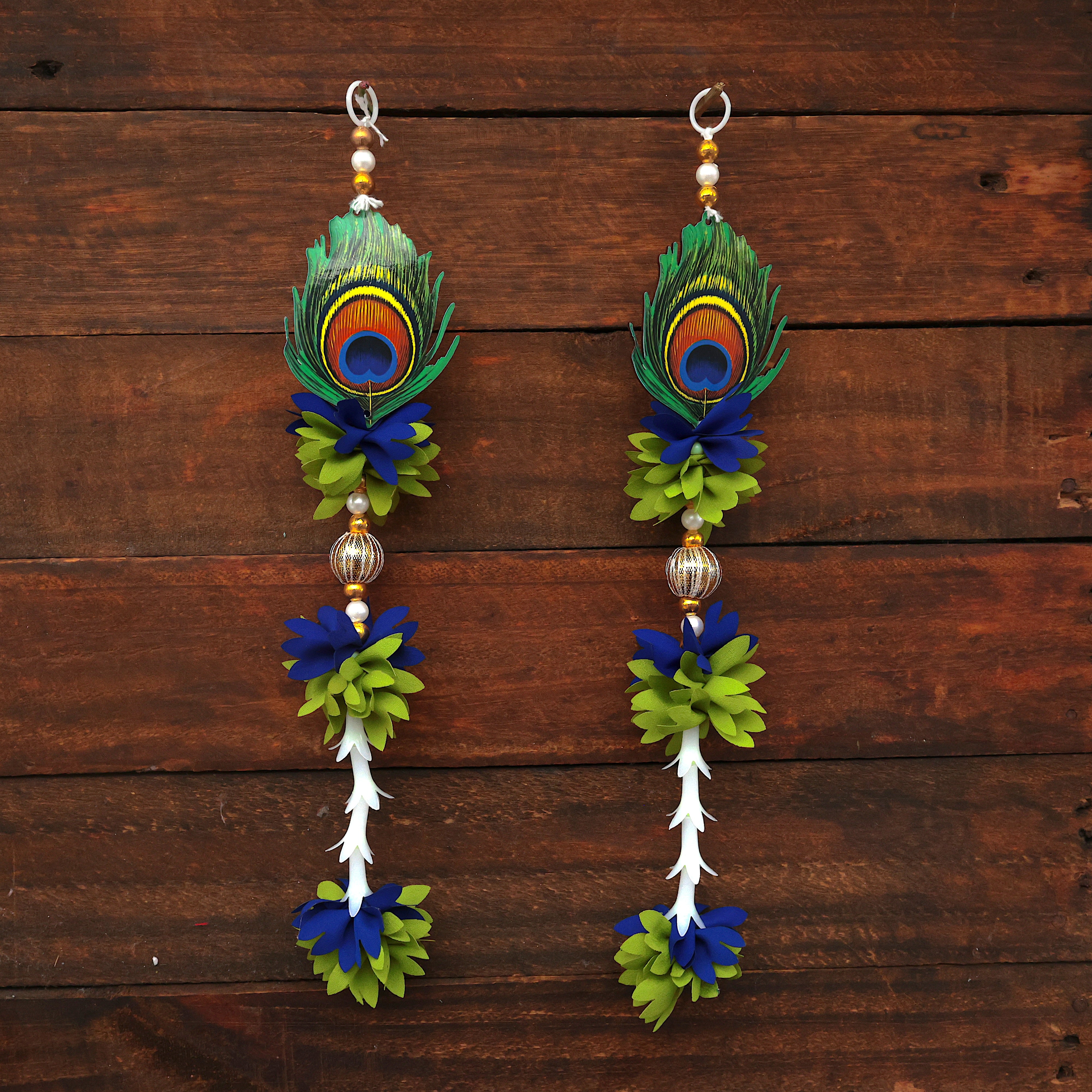 PEACOCK FEATHER 3 LAYER PICHI FLOWER DECORATION HANGINGS - ONE PAIR