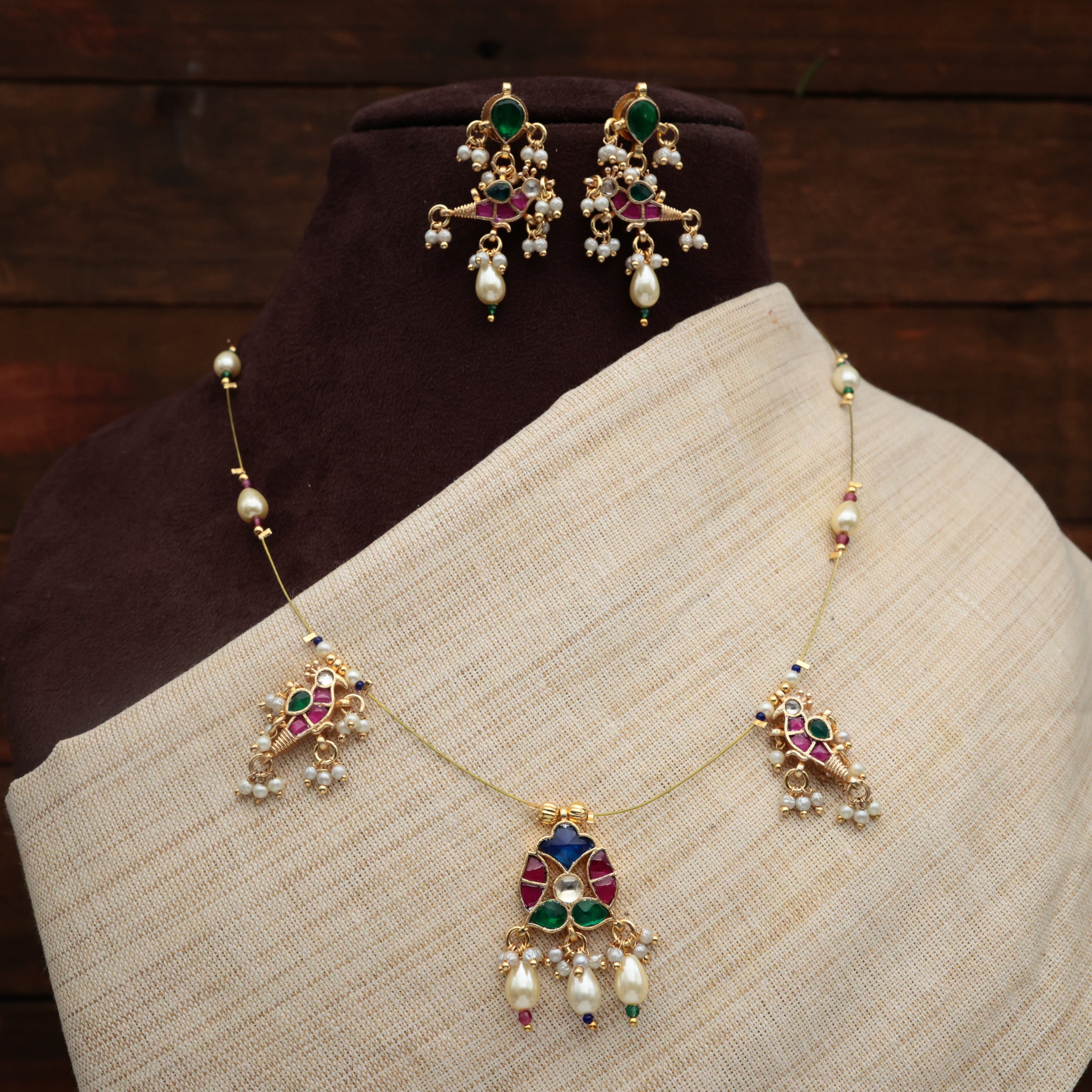 FLOWER & BIRD - HANDMADE PREMIUM PACHI KUNDAN INVISIBLE NECKLACE