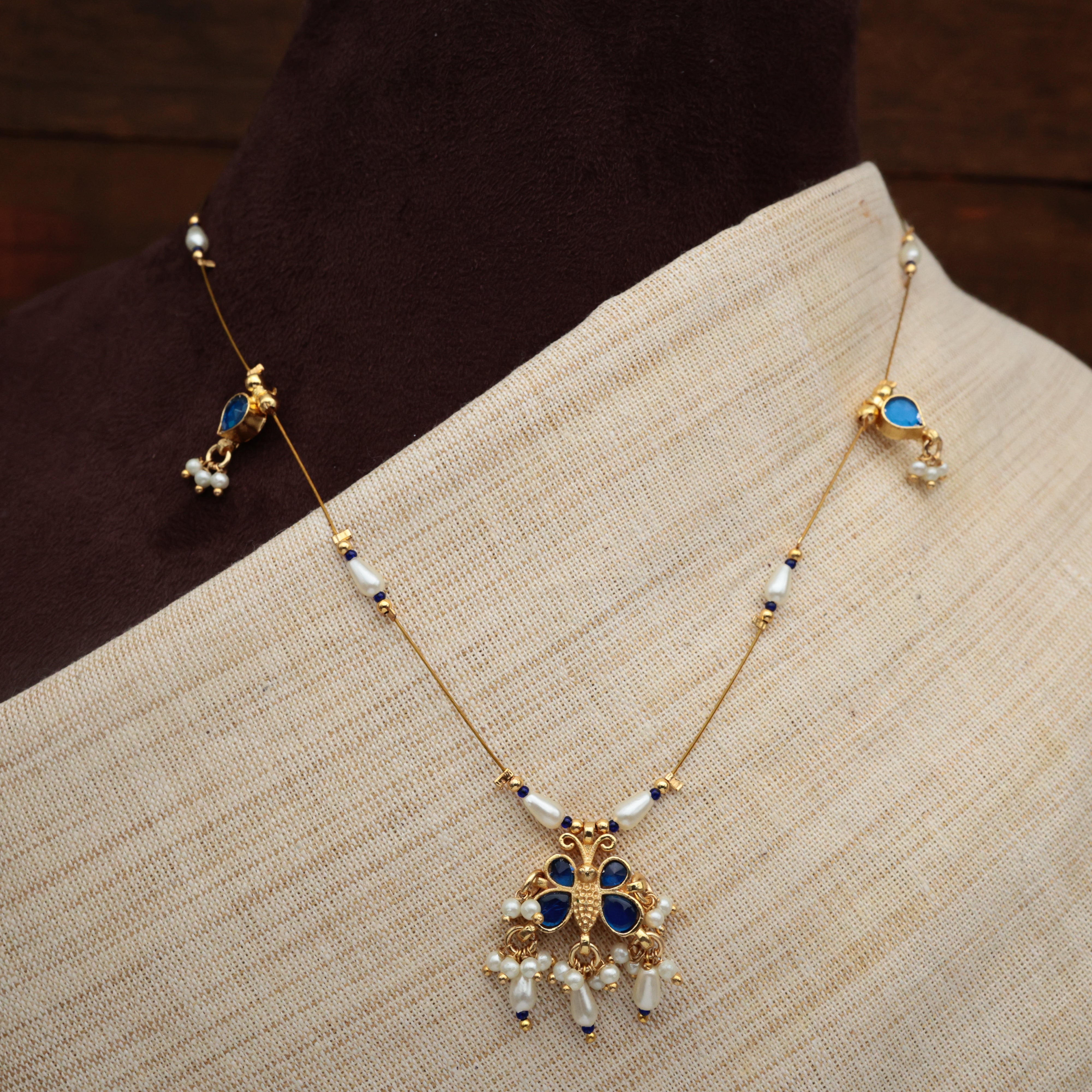 SMALL BLUE BUTTERFLY - HANDMADE PREMIUM PACHI KUNDAN INVISIBLE NECKLACE