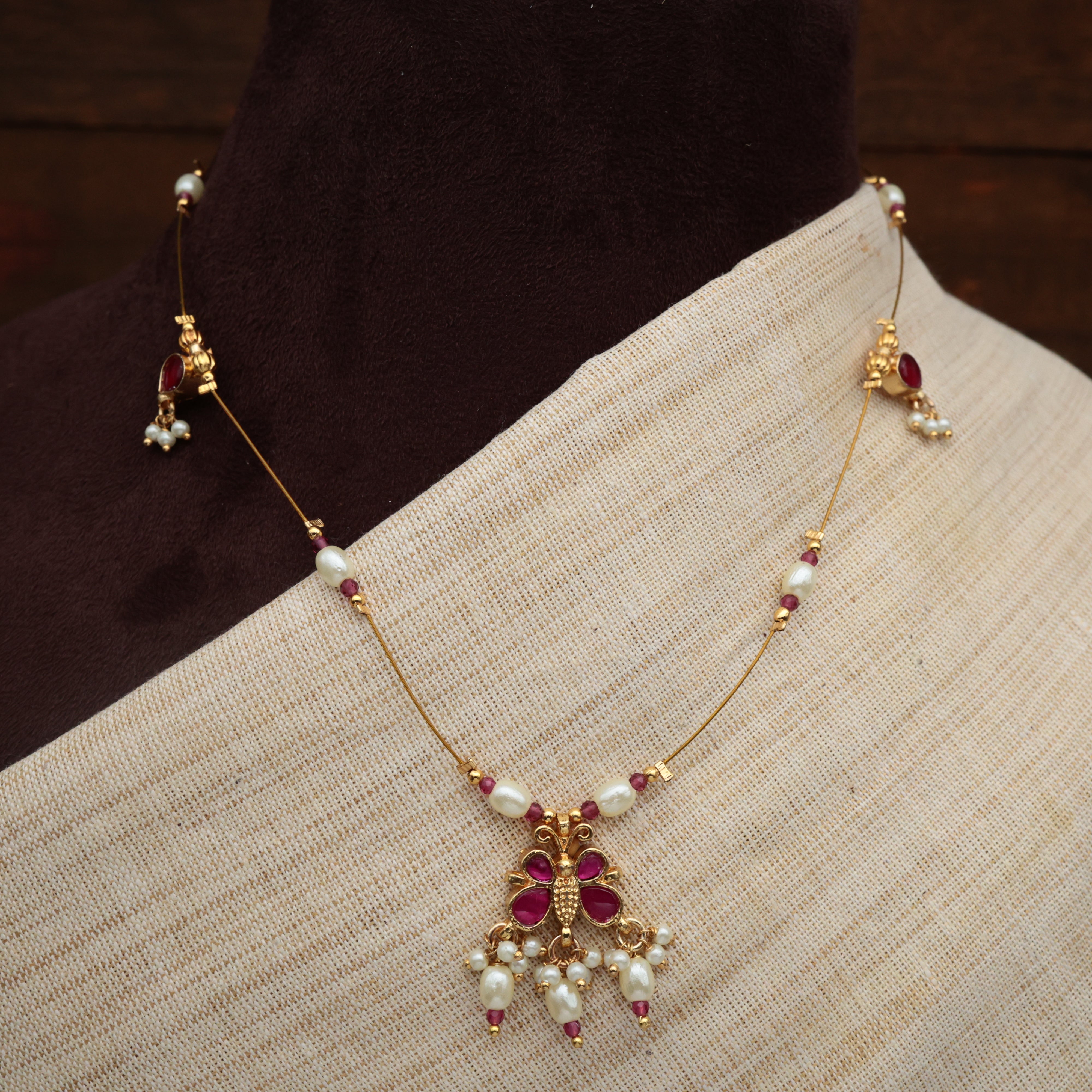 RUBY BUTTERFLY - HANDMADE PREMIUM PACHI KUNDAN INVISIBLE NECKLACE