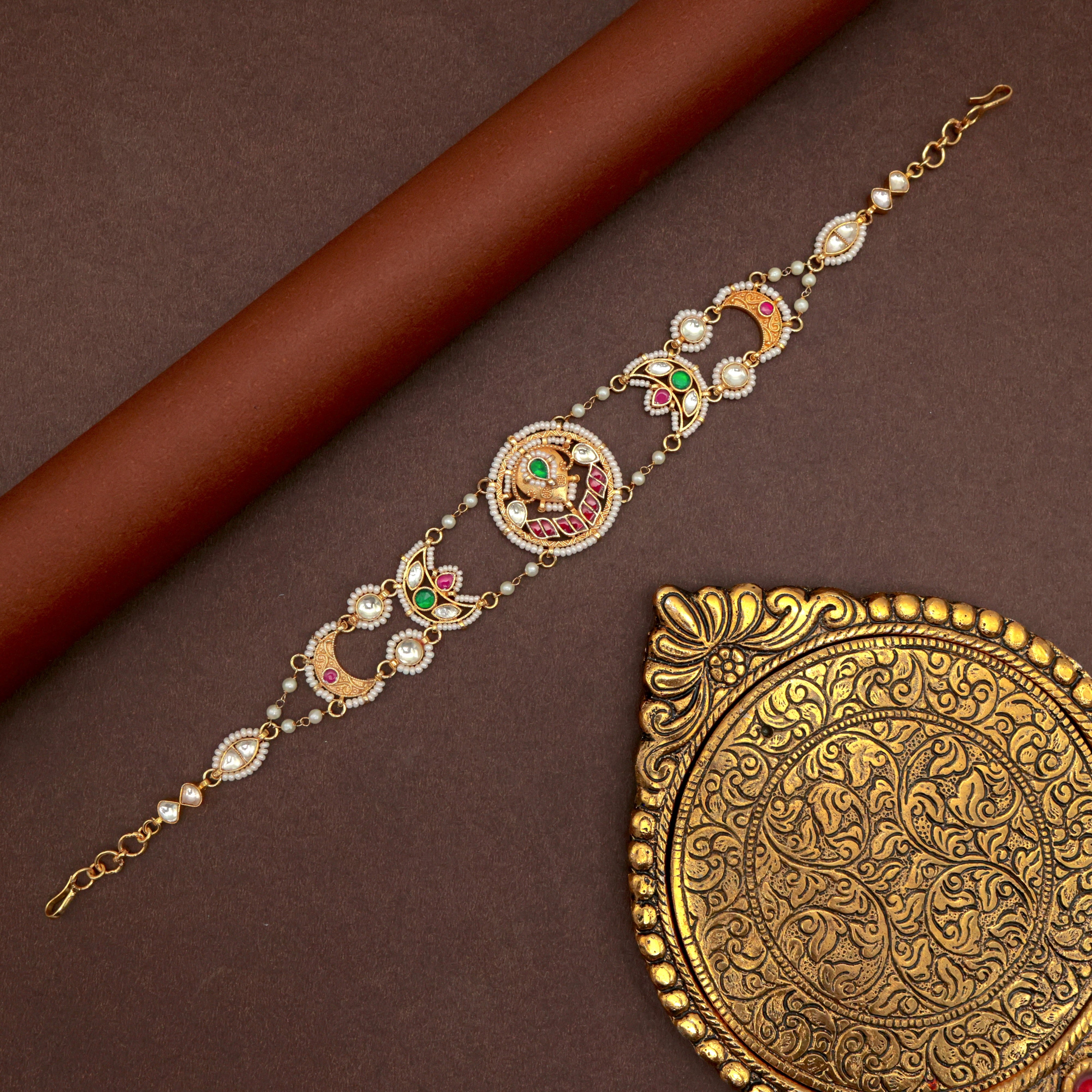 Pachi Kundan Sun Moon Bridal Sheeshpool - Bridal Kundan Headband