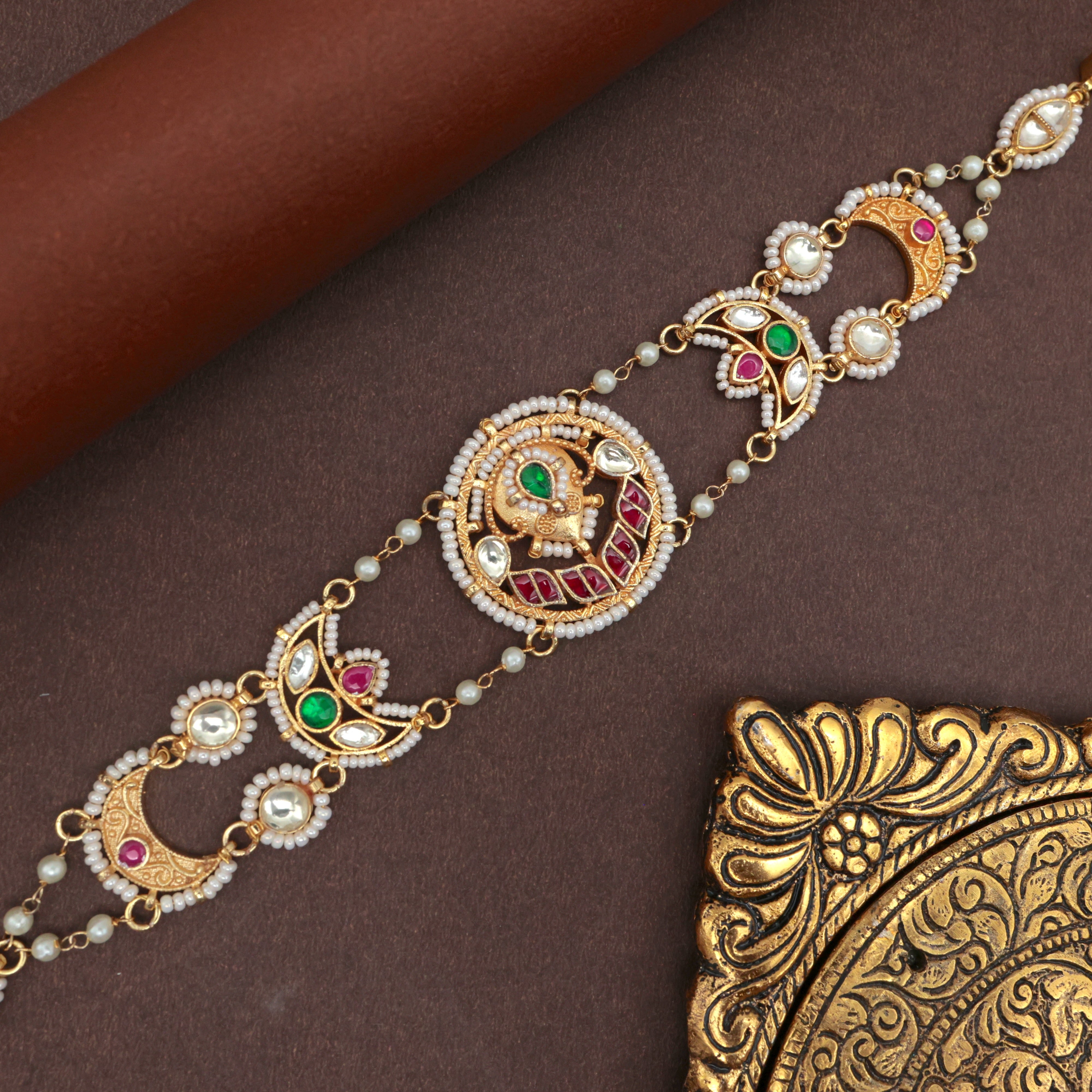 Pachi Kundan Sun Moon Bridal Sheeshpool - Bridal Kundan Headband