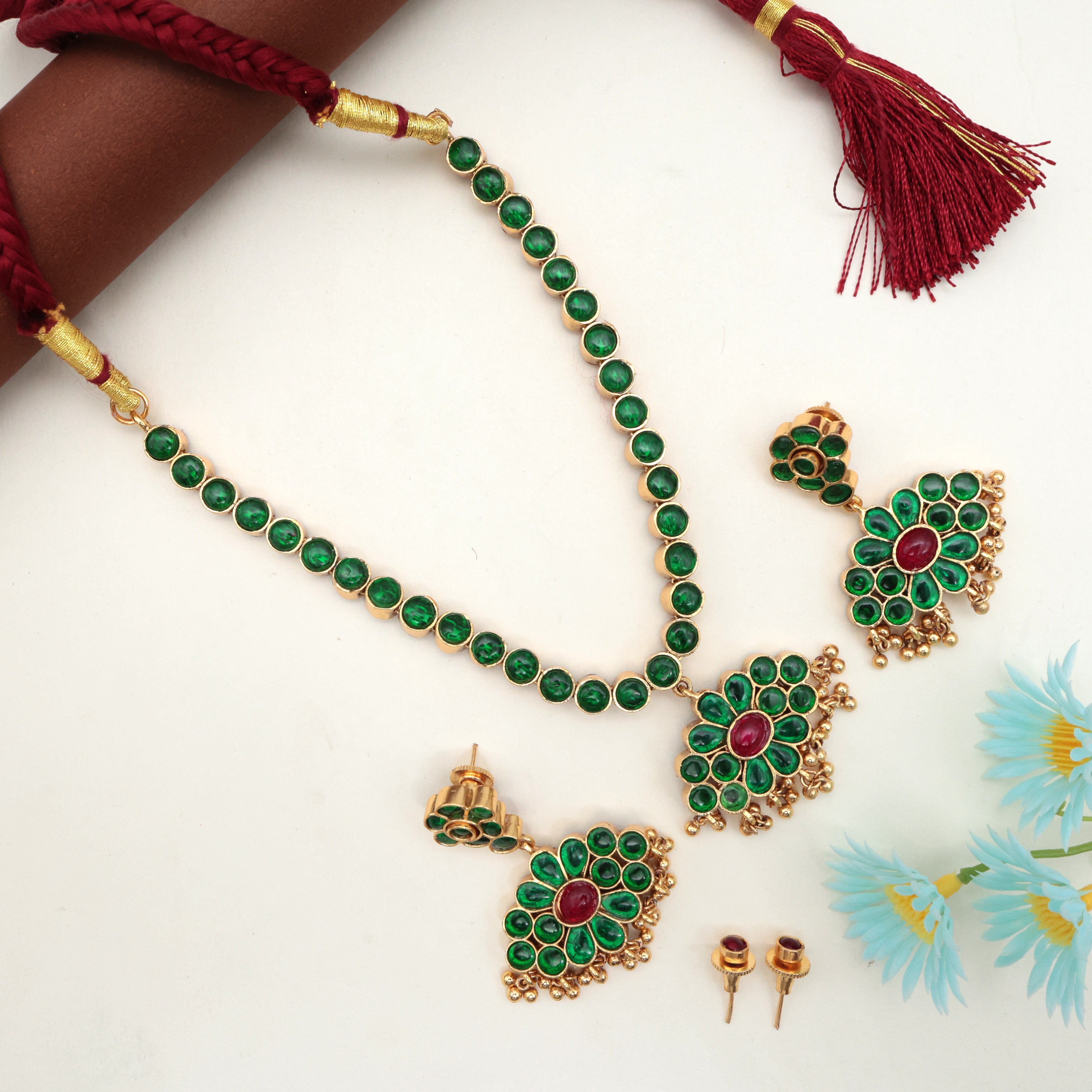 Two Side Reversible Premium Kemp Classic Necklace Set - Red & Green