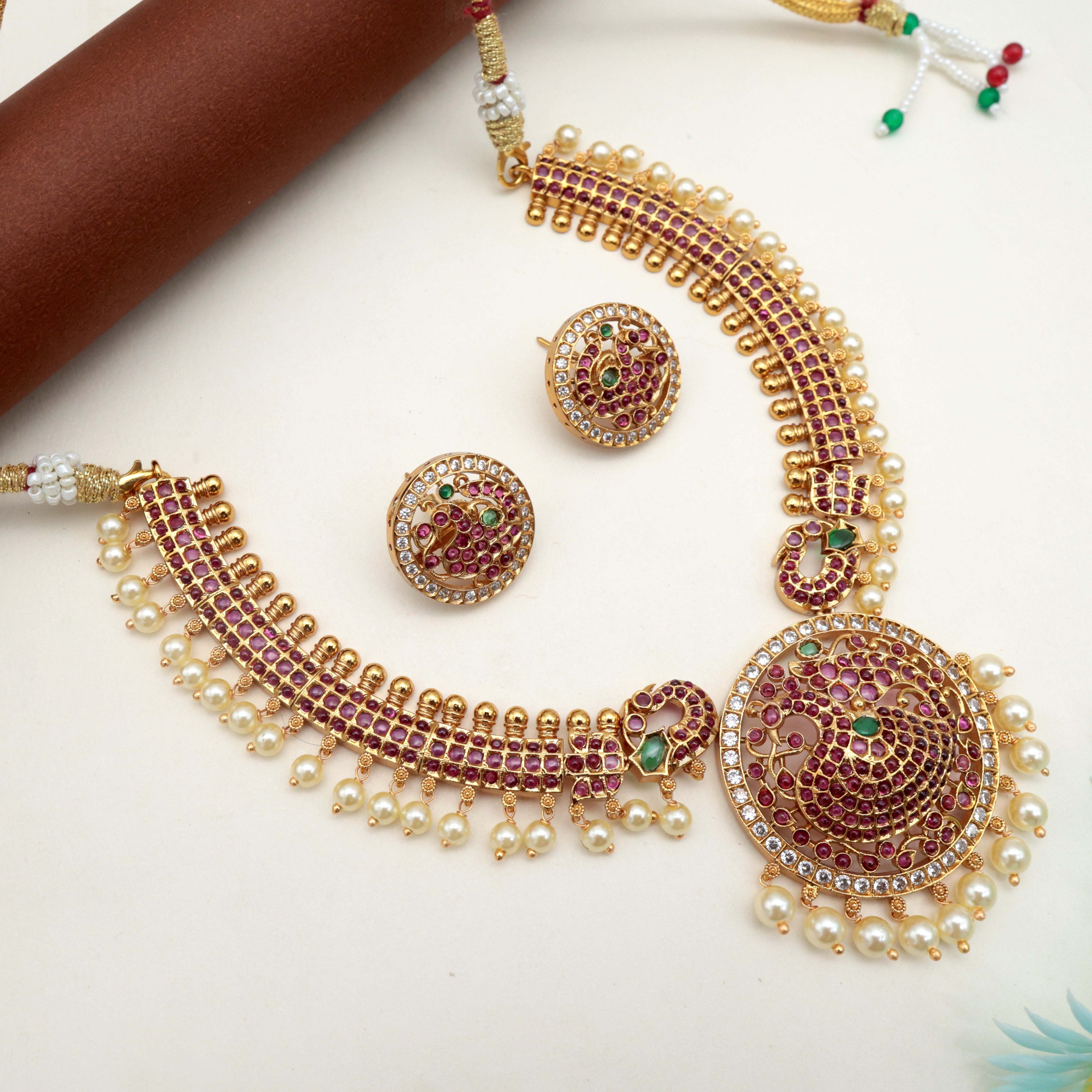 Antique Premium Kemp Rettapakshi Annam Pendant Bridal Necklace Set