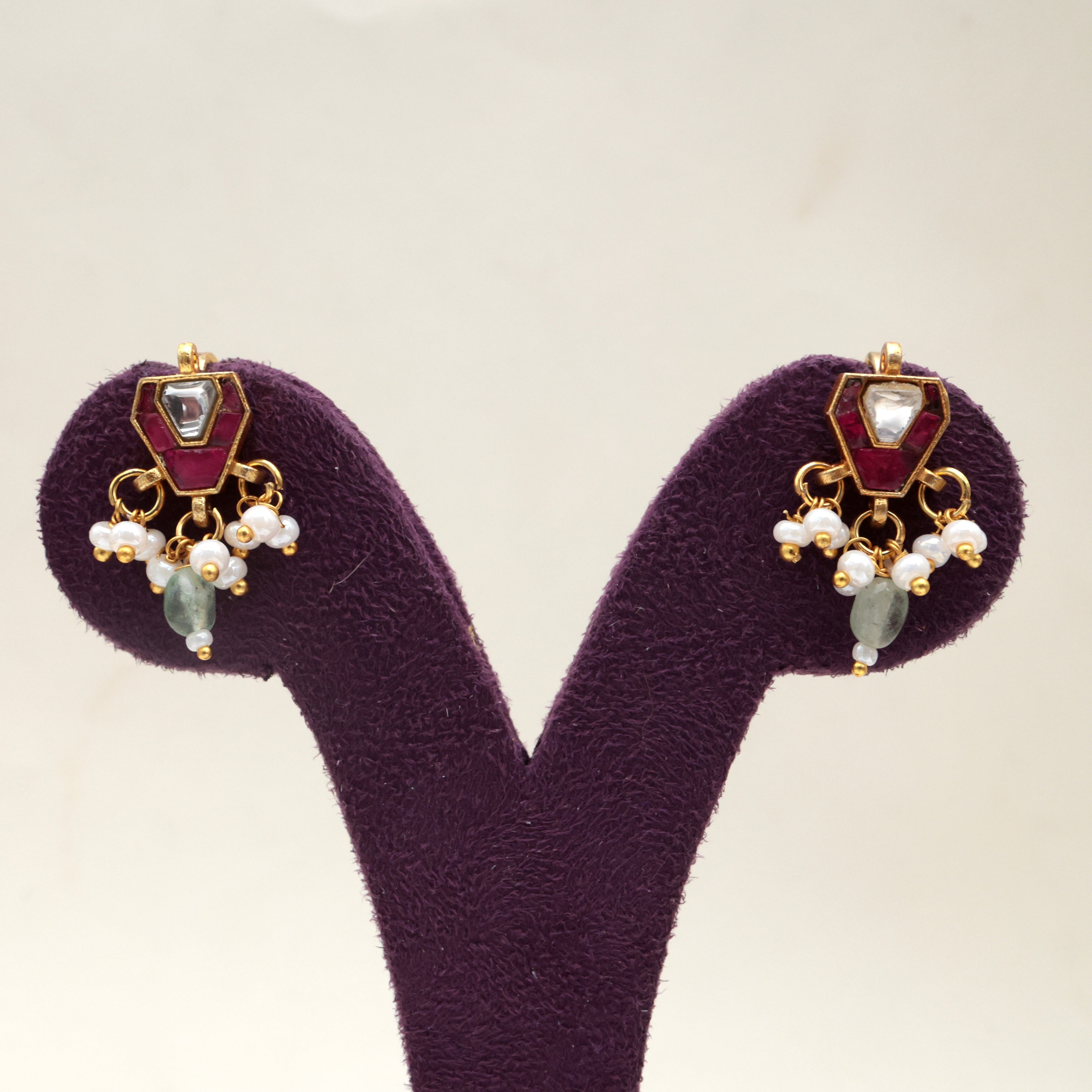 Premium Jadau Kundan Diamond Drop Press On Bugadi Earrings With Pearl Accents