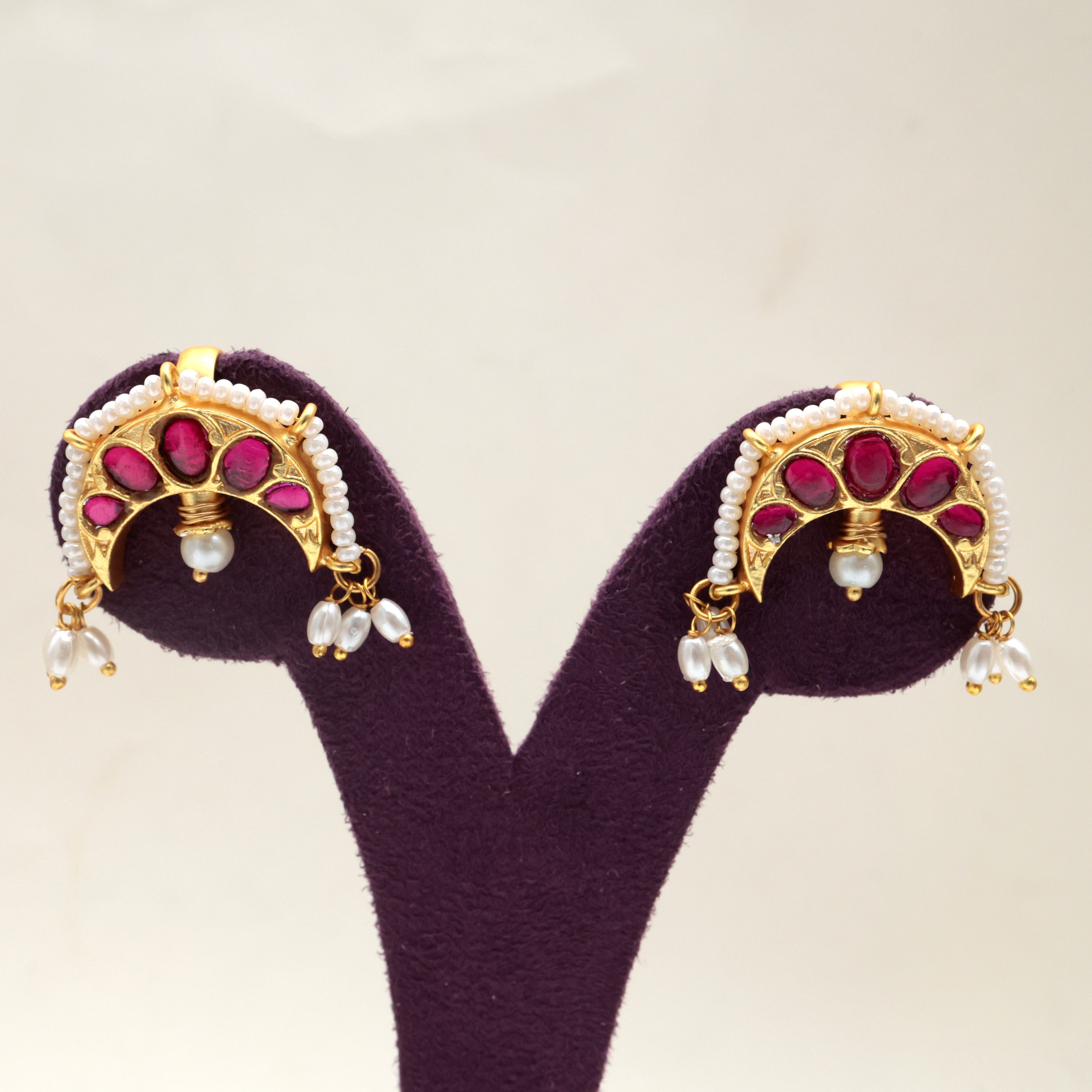 PREMIUM JADAU KUNDAN ARCH PRESS ON BUGADI EARRINGS WITH PEARL ACCENTS - RUBY