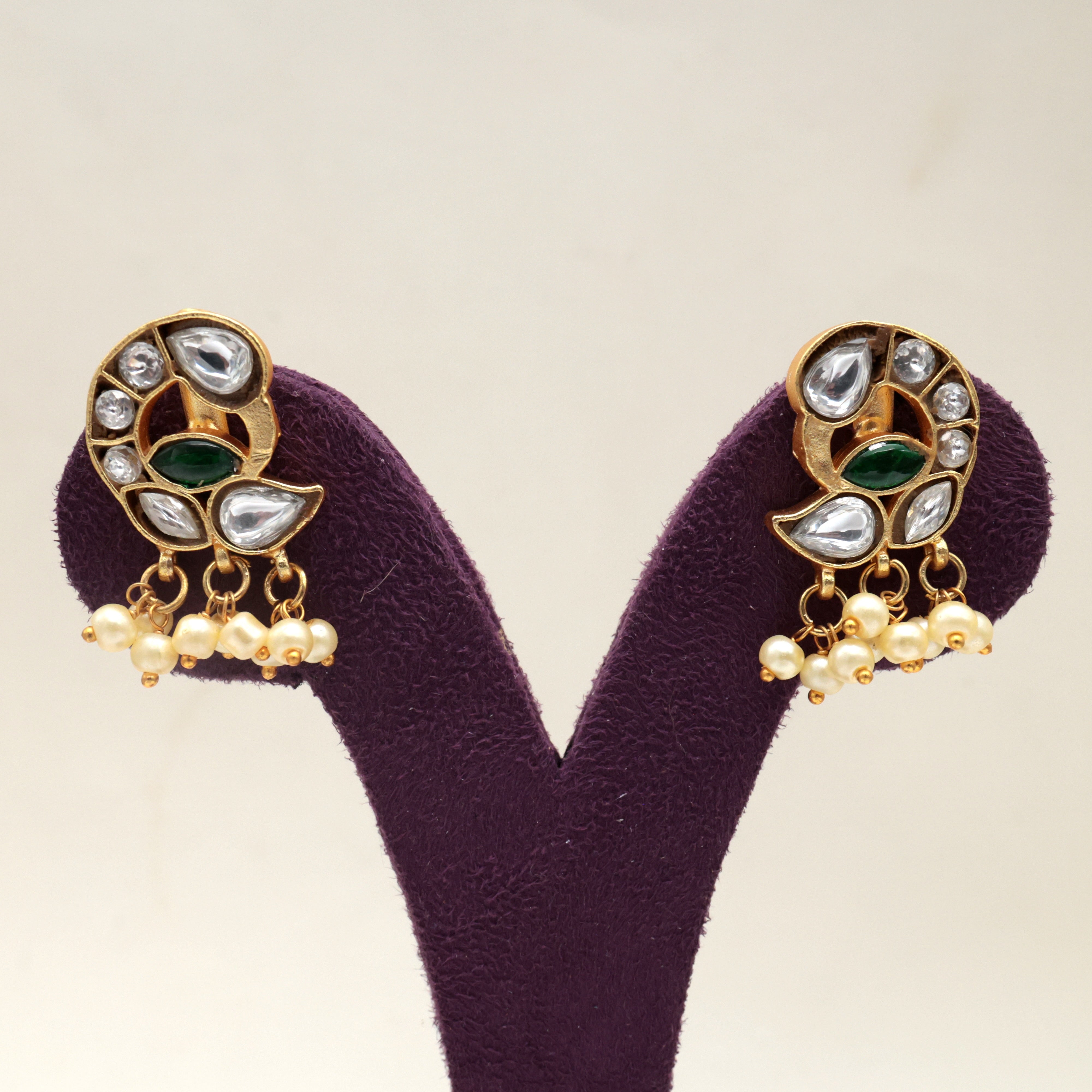 Premium Jadau Kundan Mor Press On Bugadi Earrings With Pearl Accents