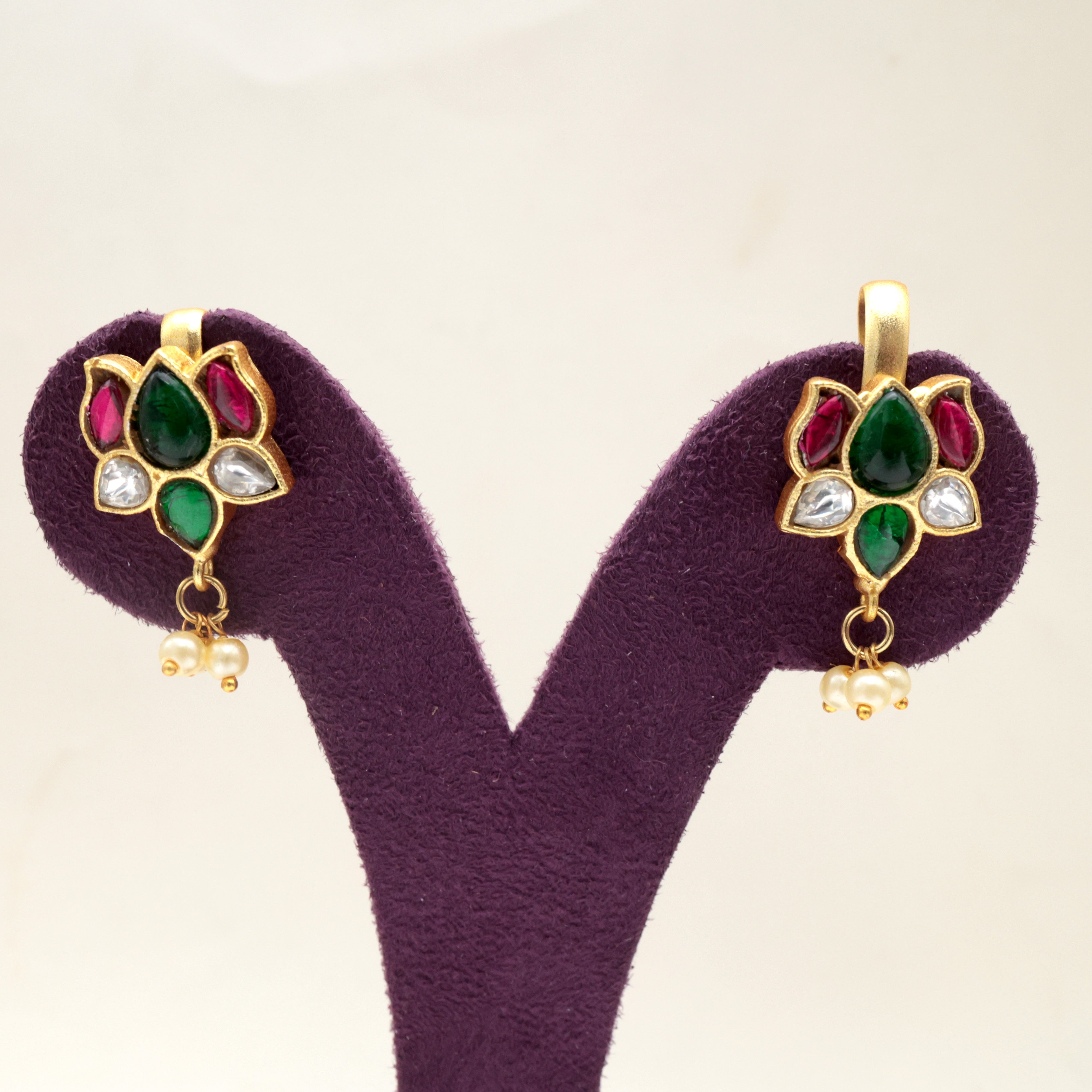 Premium Jadau Kundan Lotus Press On Bugadi Earrings With Pearl Accents
