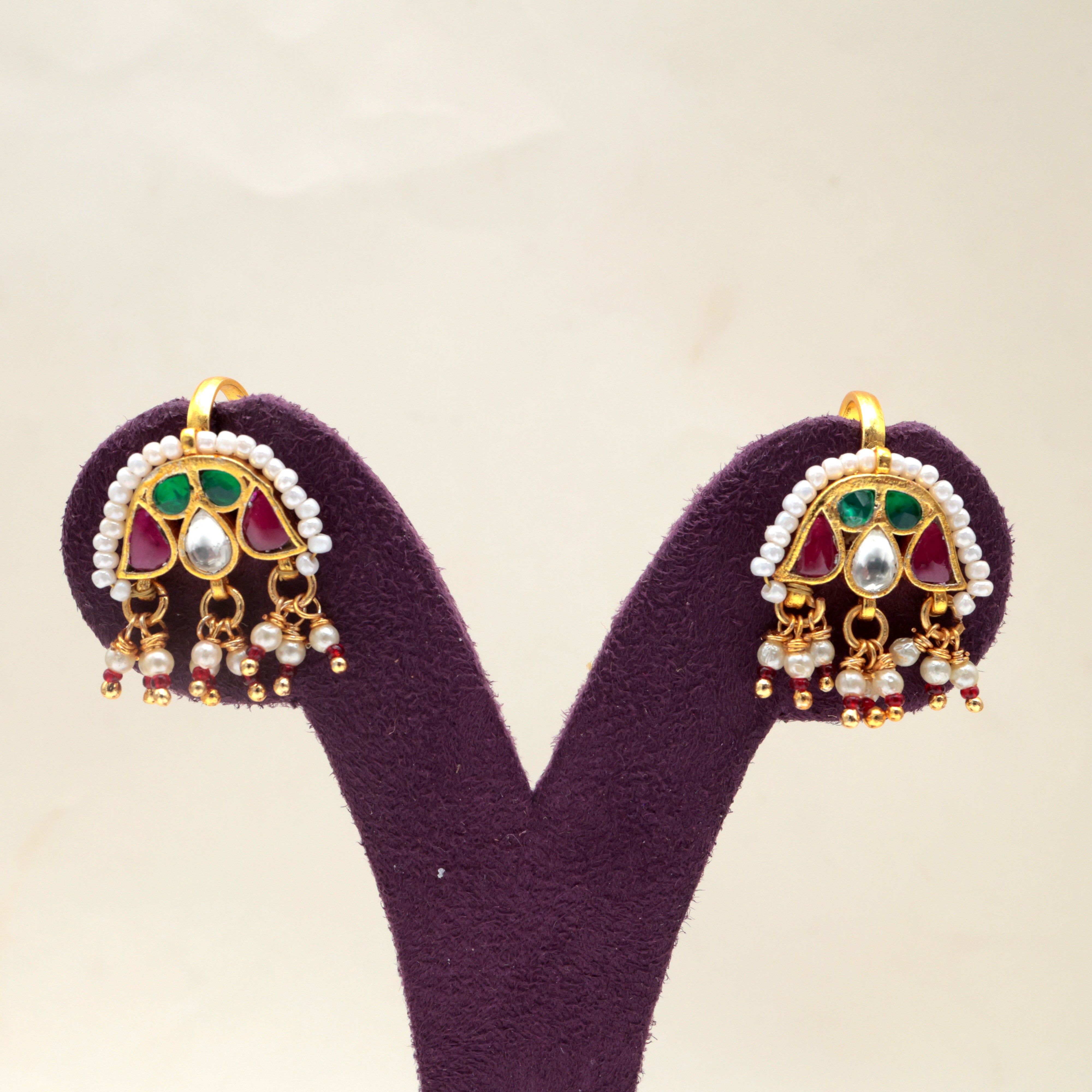 Premium Jadau Kundan Arch Pakshi Press On Bugadi Earrings With Pearl Accents