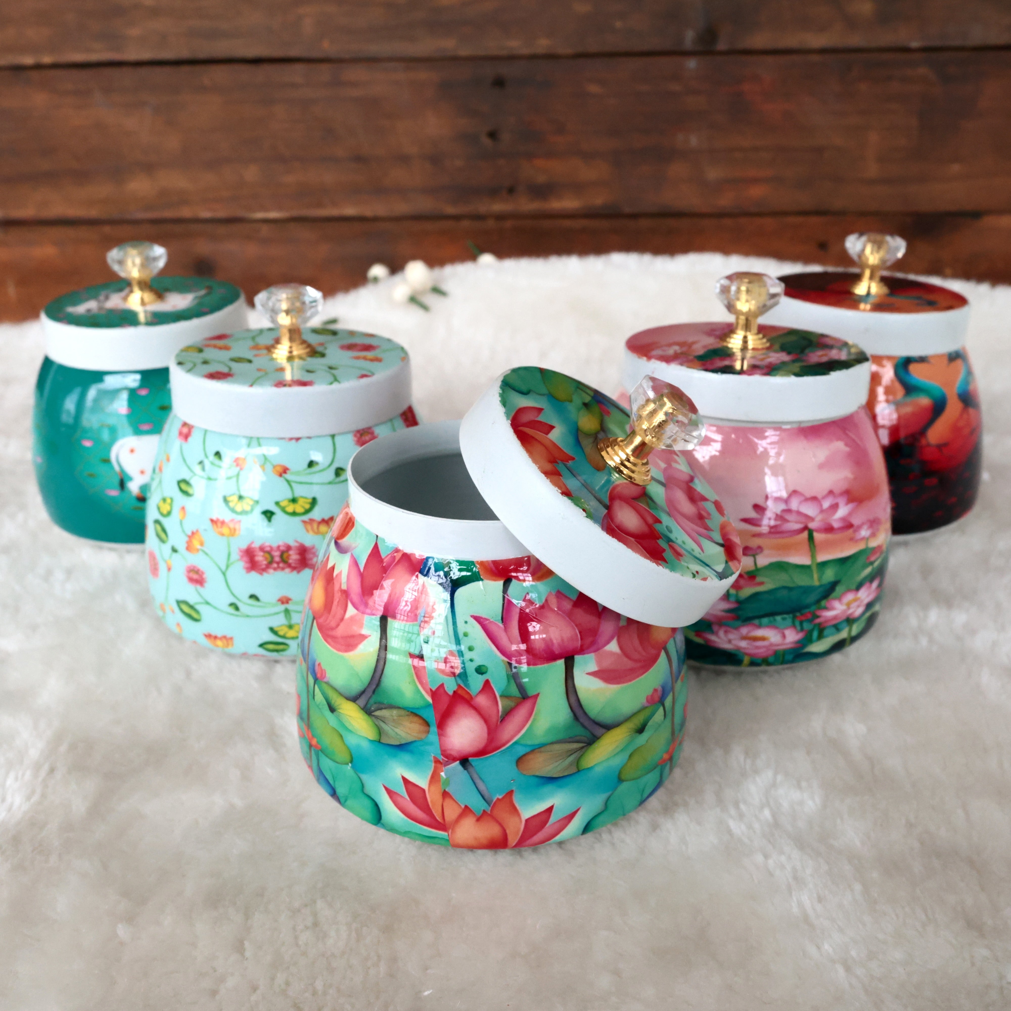 MULTIPURPOSE PICHWAI PRINTED METAL AIR TIGHT JARS - ASSORTED COLOURS & PRINTS