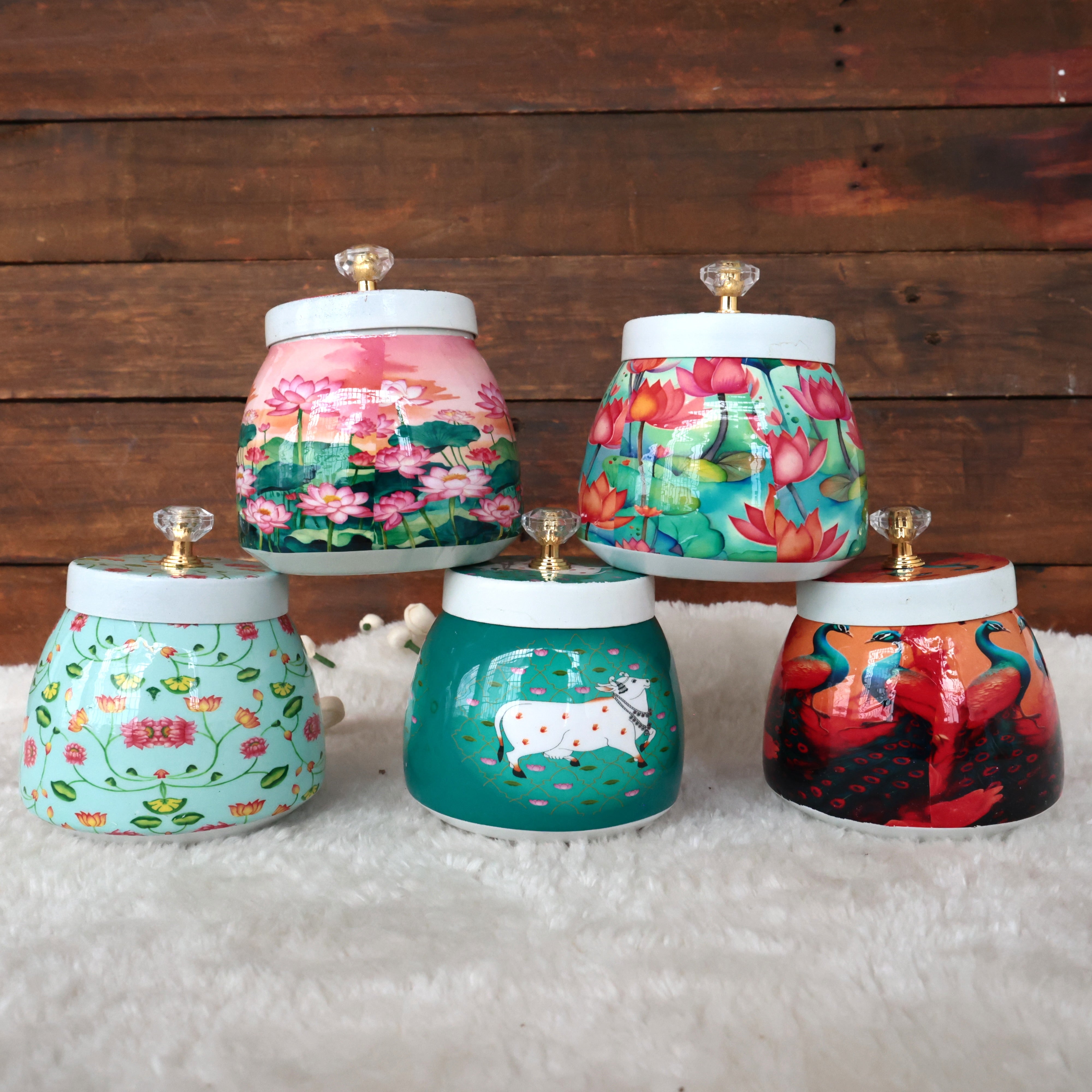 MULTIPURPOSE PICHWAI PRINTED METAL AIR TIGHT JARS - ASSORTED COLOURS & PRINTS