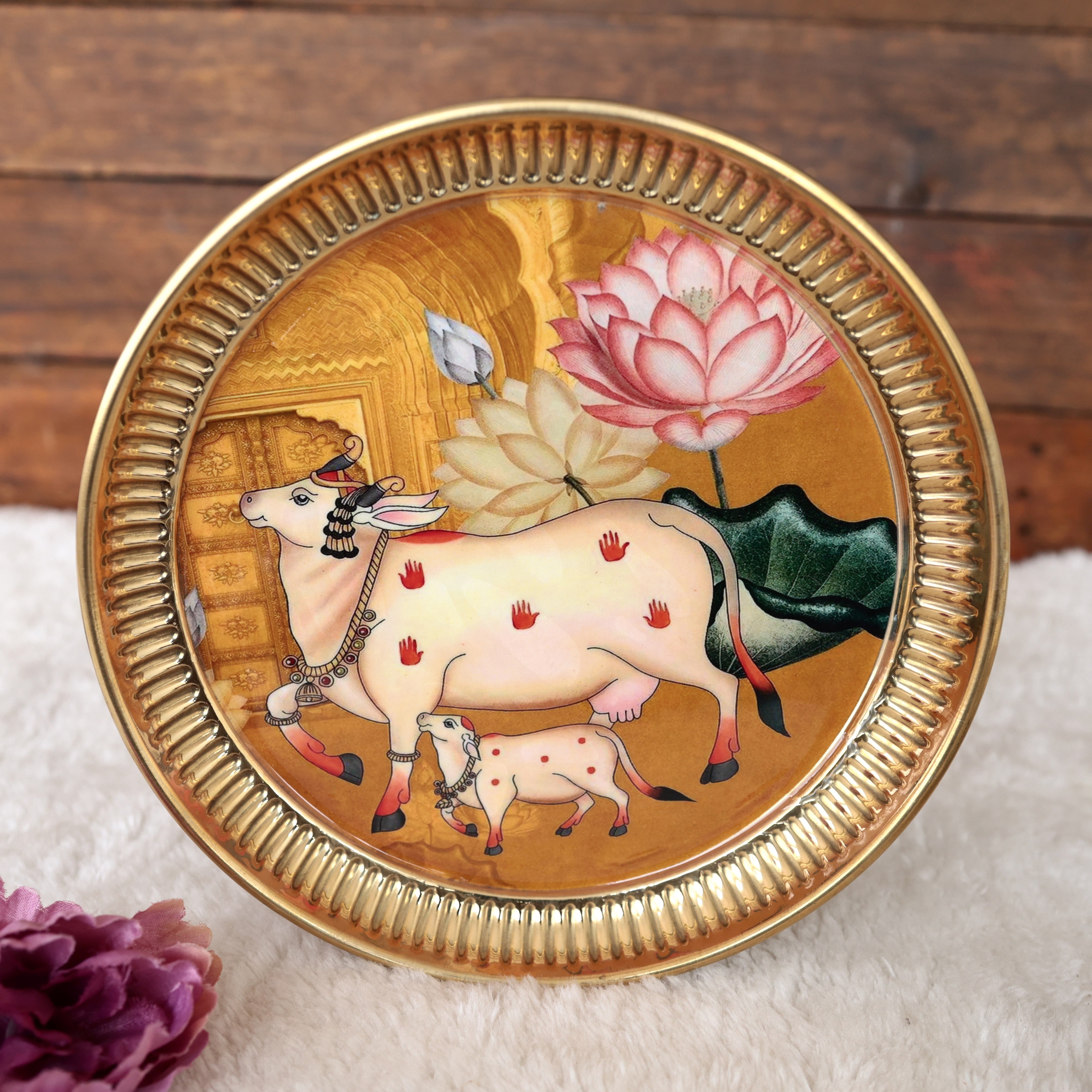 PICHWAI PRINTED 8 INCHES BRASS PLATES - ASSORTED PRINTS & COLOURS