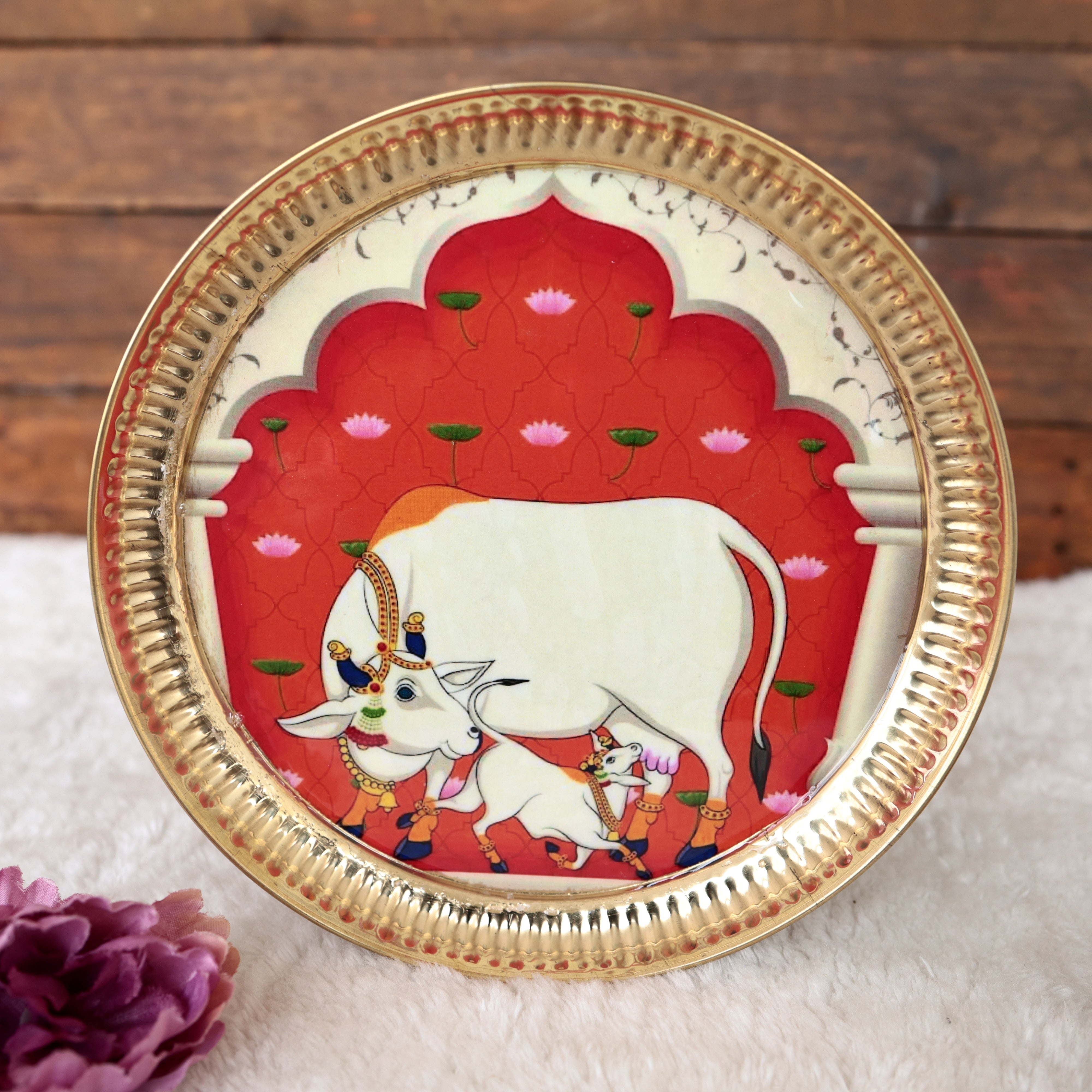 PICHWAI PRINTED 8 INCHES BRASS PLATES - ASSORTED PRINTS & COLOURS