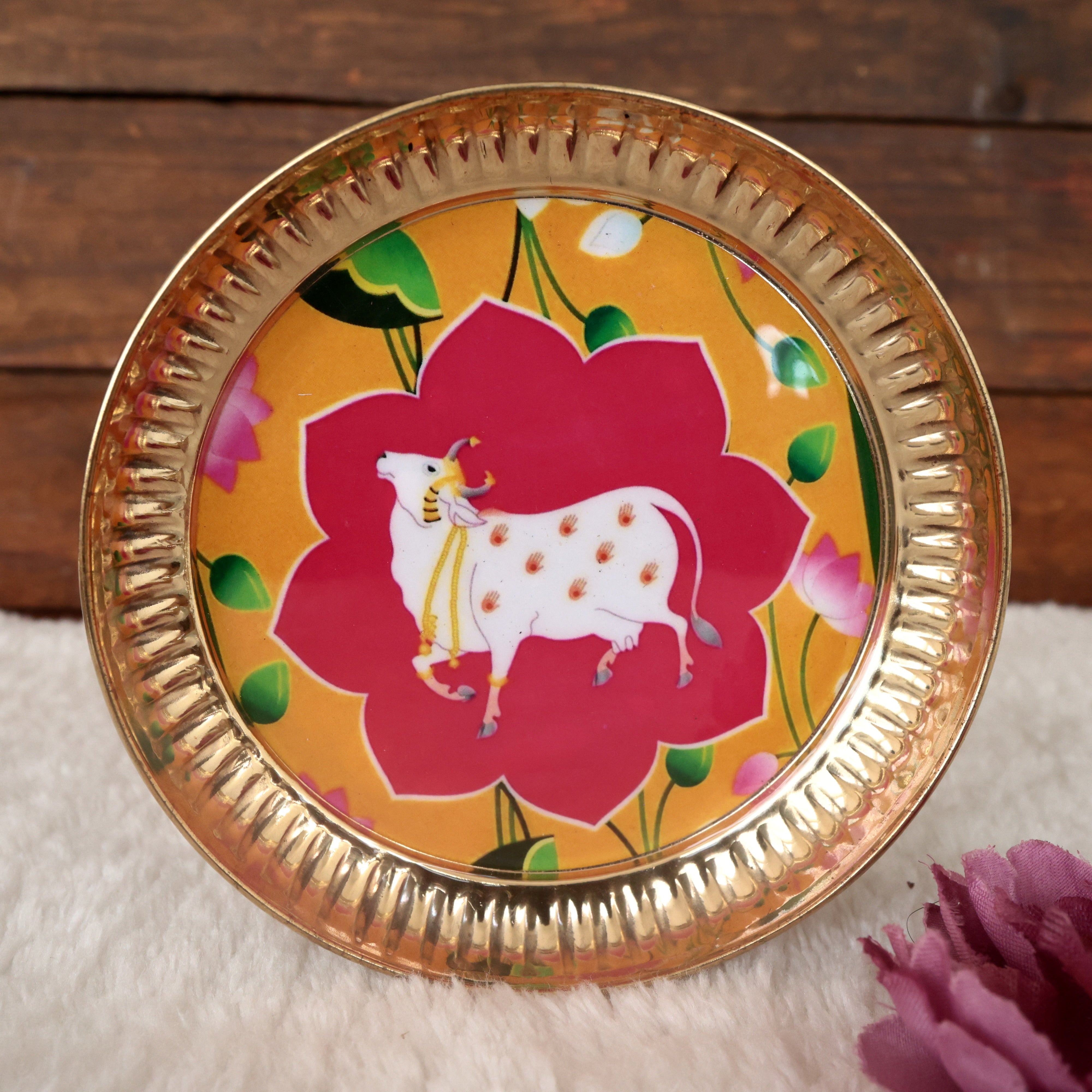 PICHWAI PRINTED 5 INCHES BRASS PLATES - ASSORTED PRINTS & COLOURS