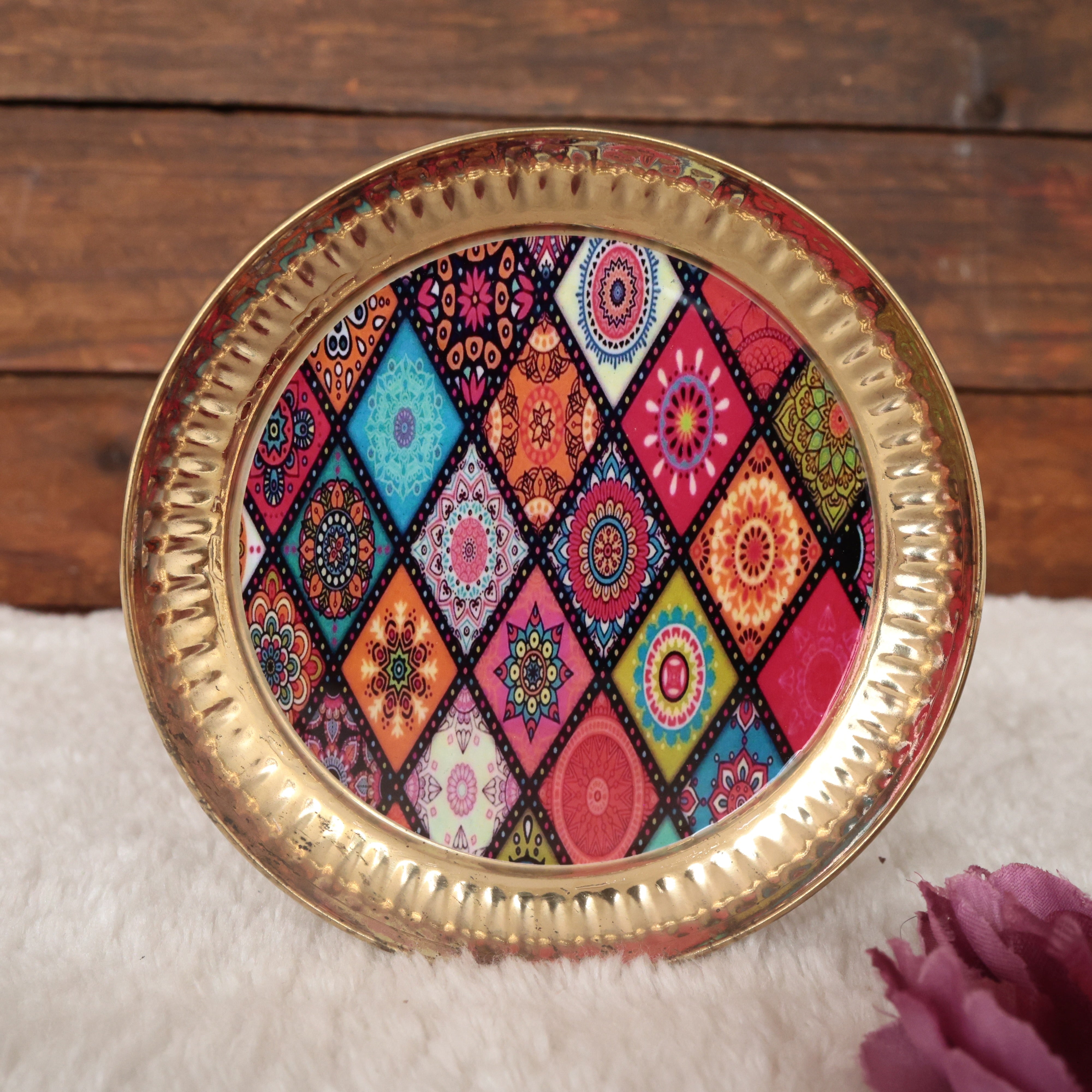 PICHWAI PRINTED 5 INCHES BRASS PLATES - ASSORTED PRINTS & COLOURS